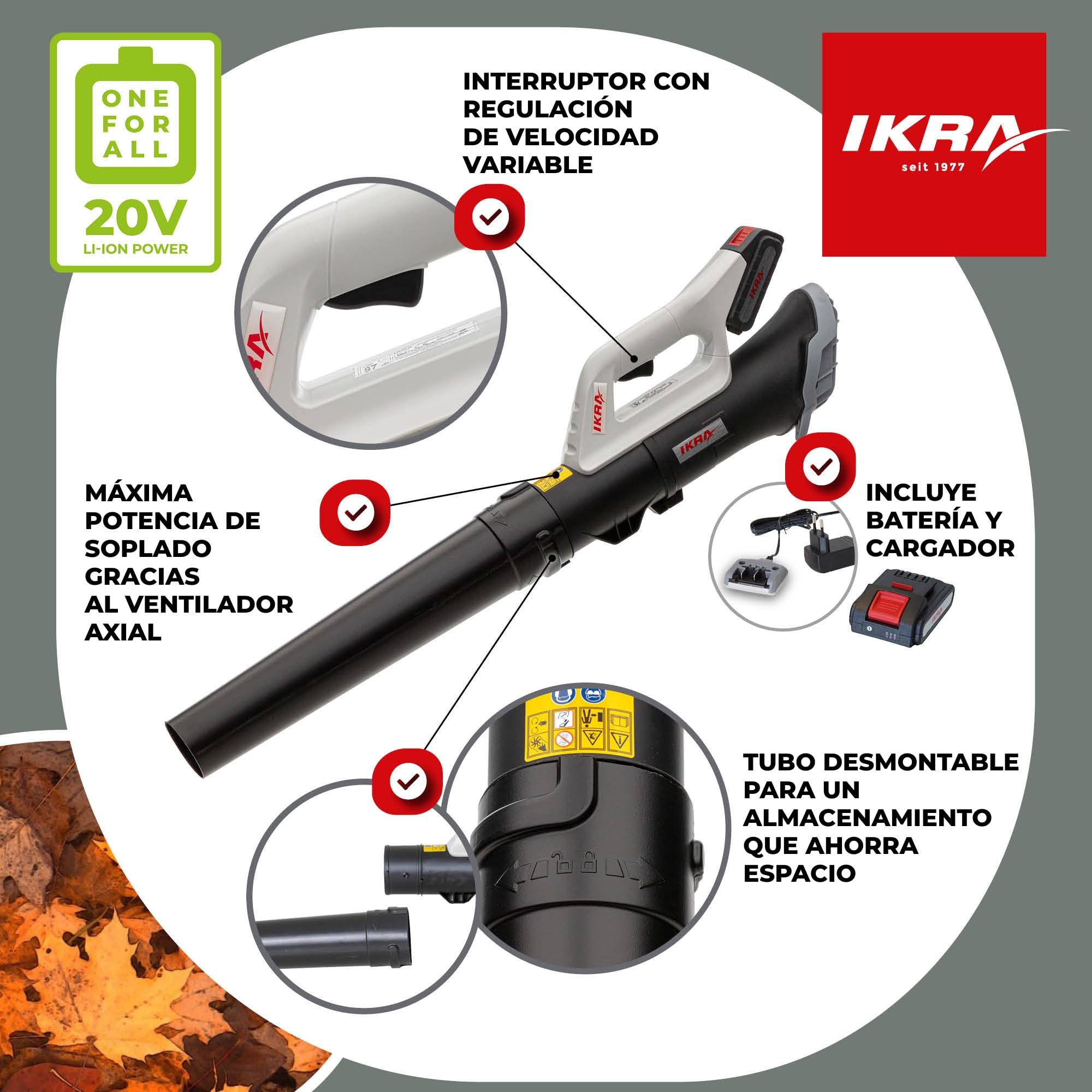 IKRA soplador de hojas ICB 20, incl. batería 20V 2Ah y cargador, 150 km/h | El soplador axial retira incluso las hojas húmedas, regulación de velocidad variable, compacto y ligero, gama de 20 V de IKRA