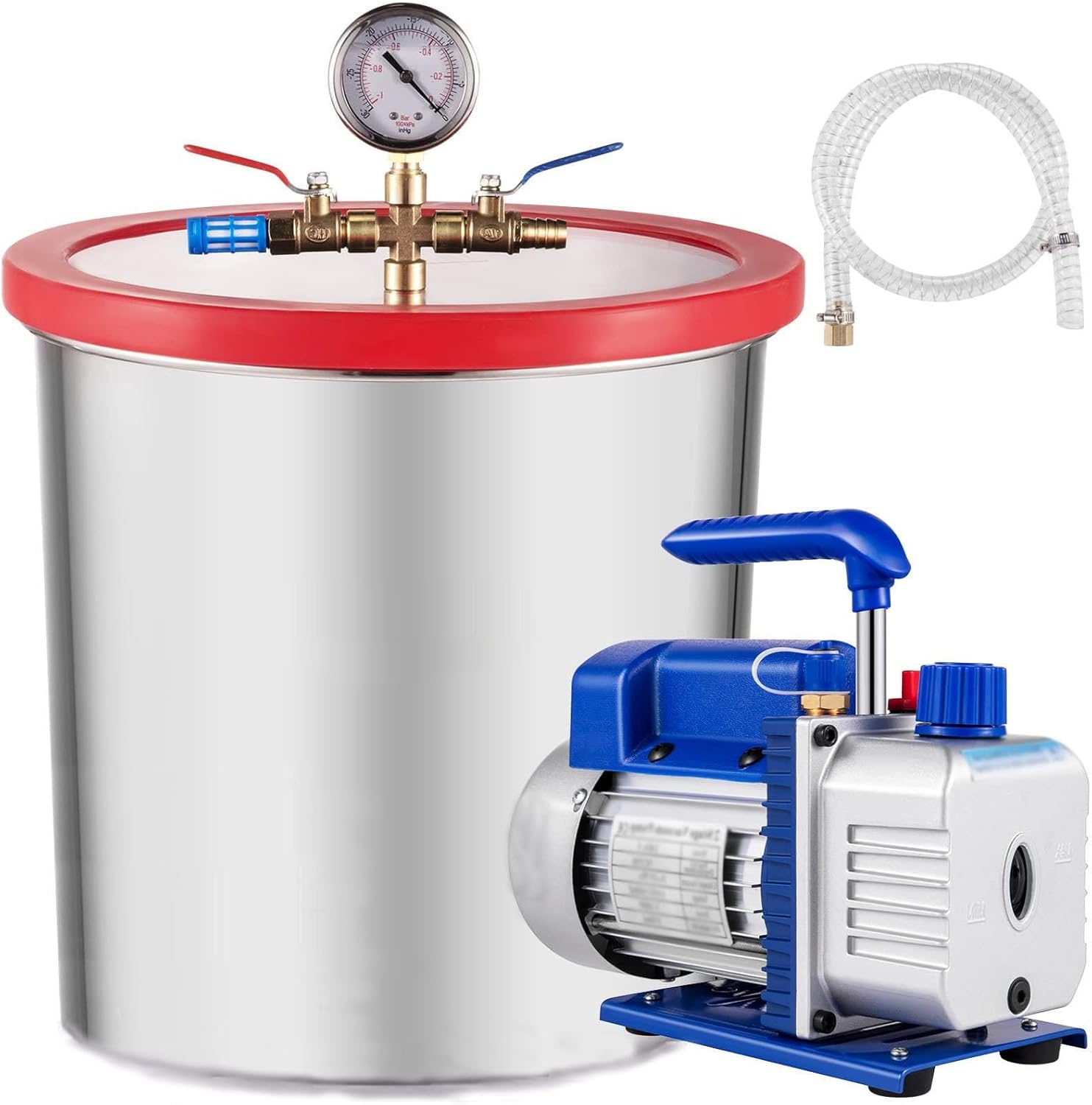 7 CFM Vacuum Pump, with 5 Gallon Vacuum Chamber, Vacuum Chamber Kit, 304 Stainless Steel Vacuum Chamber with Visible Acrylic Cover, Ideal for Stabilizing Wood, Degassing Silicones, Epoxies