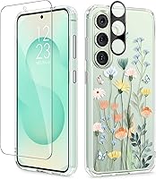 Vista 105 de GVIEWIN Funda protectora para Samsung Galaxy S25, transparente floral, delgada, a prueba de golpes, para mujer, no se pone amarilla, con protector