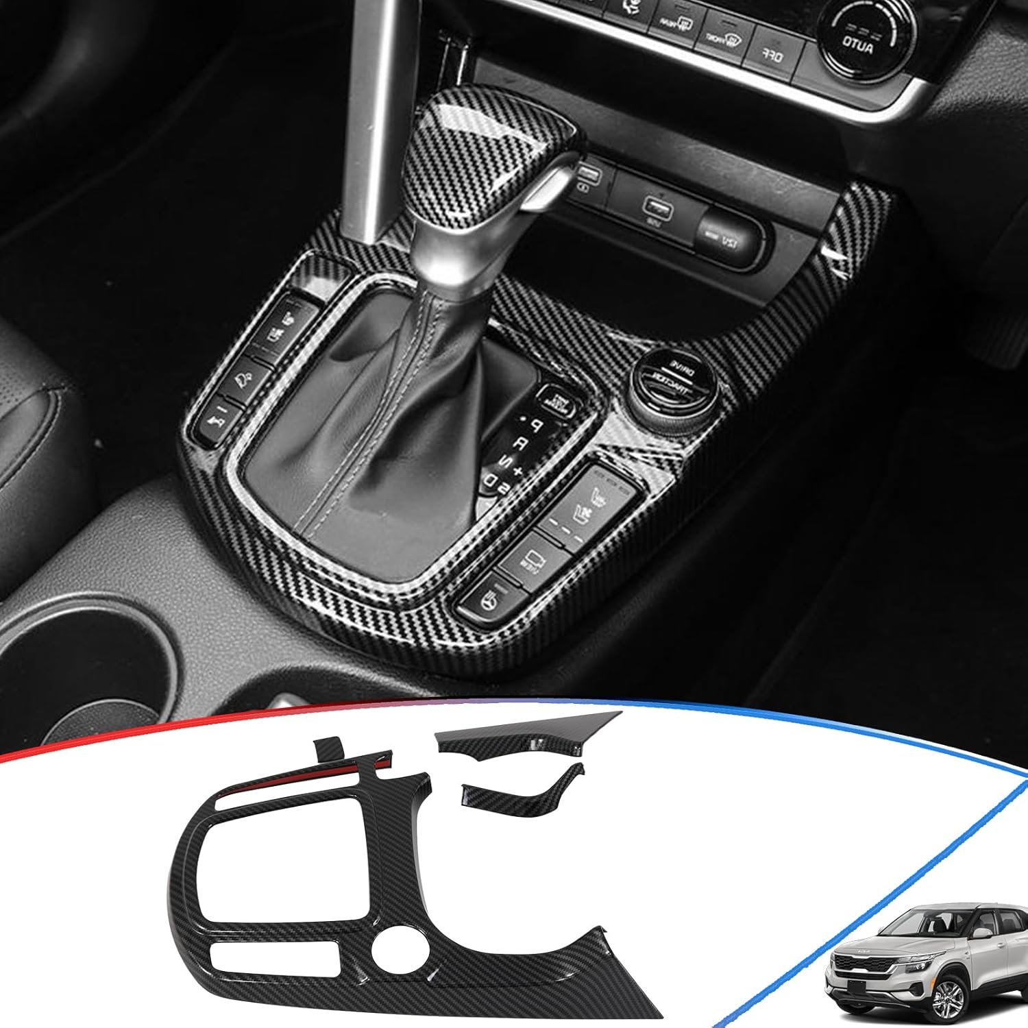 Gear Shift Panel Cover, for Kia Seltos 2021 2022 2023 2024 2025,Center Console Gear Shift Panel Frame Cover Trim Accessories - Carbon Fiber
