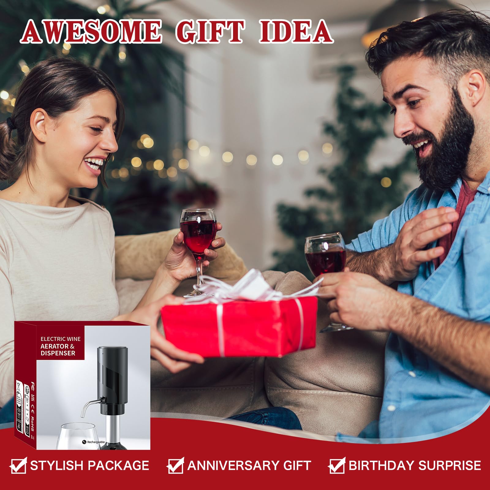 BLUBYEES Aireador eléctrico de vino con recargable por USB, máquina dispensadora automática de botellas de vino y decantador de vino multiinteligente, regalo perfecto para los amantes del vino