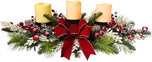 Miniatura 2 de Portavelas de Navidad, decoración de Navidad, 3 portavelas con cono de pino flocado de nieve, bayas rojas y lazo rojo para centro de mesa,