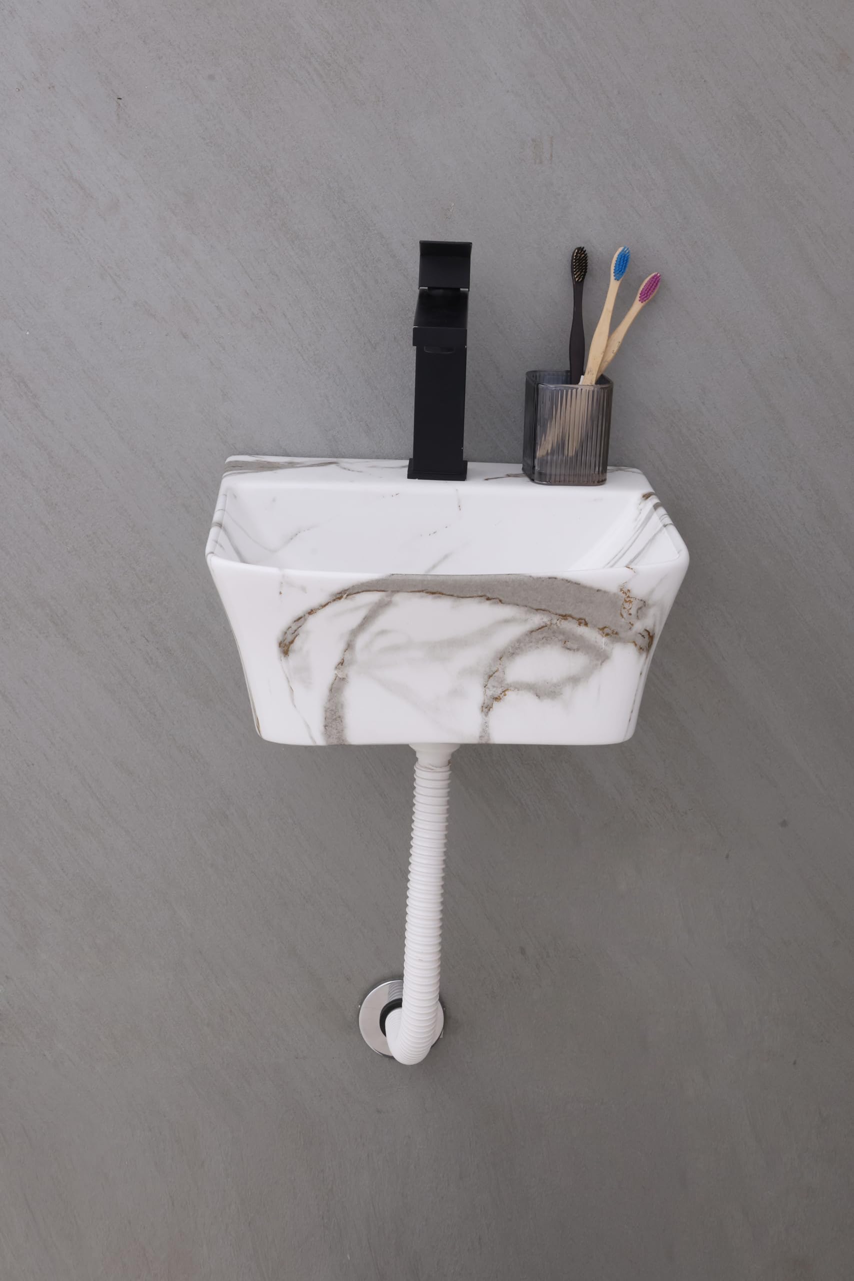 HISRE Wall Mount Wash Basin 13"x13"x5" | White Grey Marble Finish Ceramic Sink | Modern Rectangular Bathroom Basin for Home, Office & Hotels, photo 4 of 5