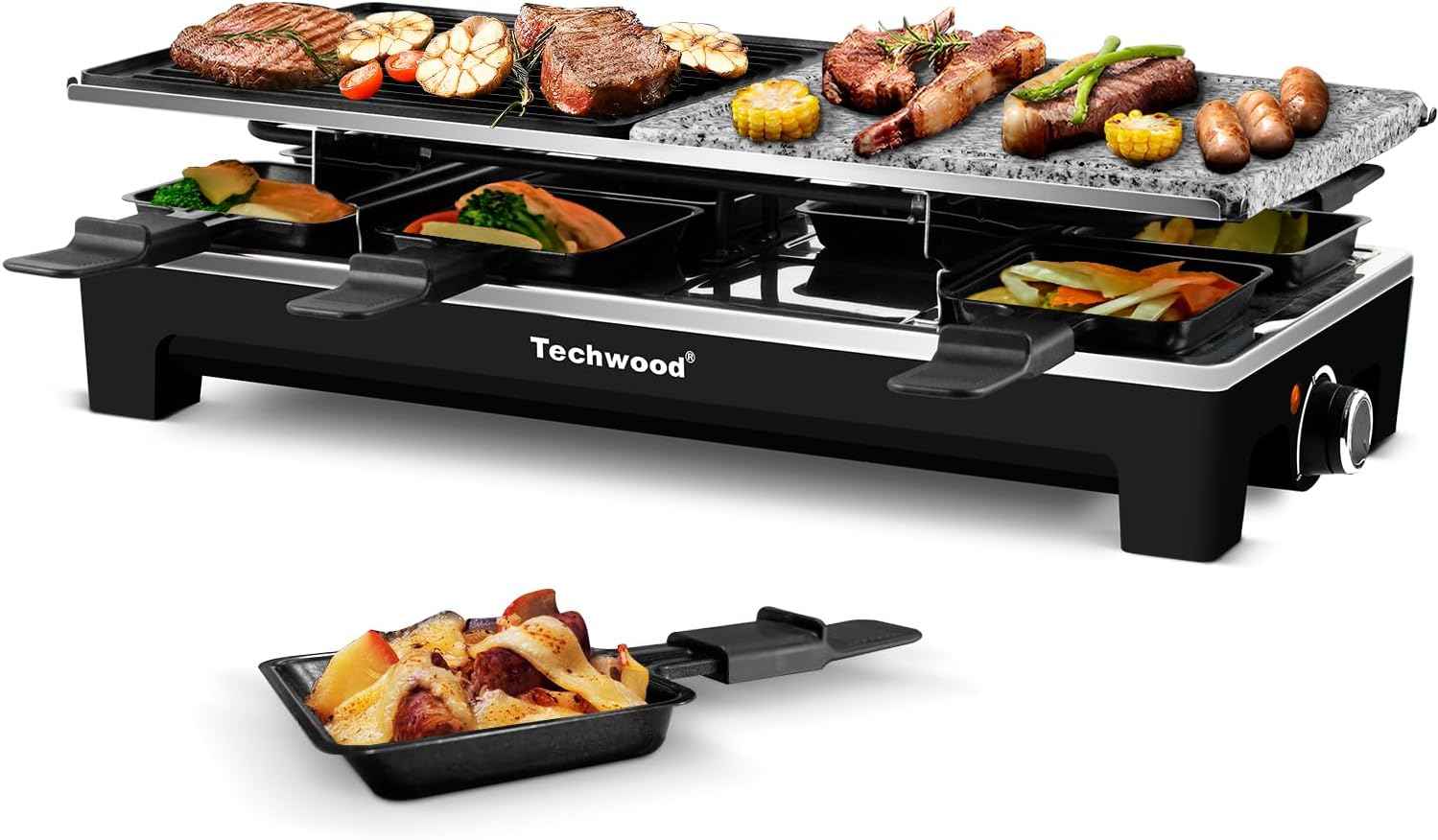Raclette Table Grill, Techwood Electric Indoor Grill Korean BBQ Grill, Removable 2-in-1 Non-Stick Grill Plate, 1500W Fast Heating with 8 Cheese Melt Pans, Ideal for Parties and Family Fun