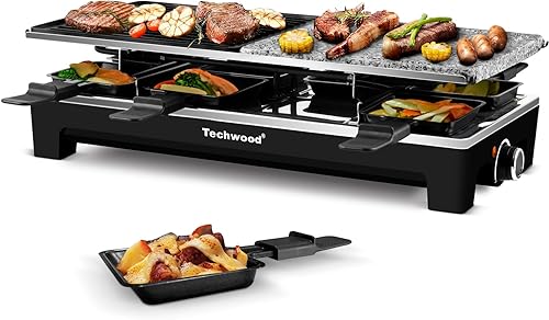 Techwood - Raclette eléctrica de 1500W para interiores, parrilla para barbacoa coreana de 8 raciones con placa reversible 2 en 1, ideal para fiestas