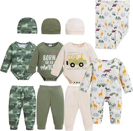 Renotemy Newborn Baby Boy Clothes Essentials 11-Piece Layette Set with Bodysuits, Pants, Hats, Blanket-Infant Unisex Outfit