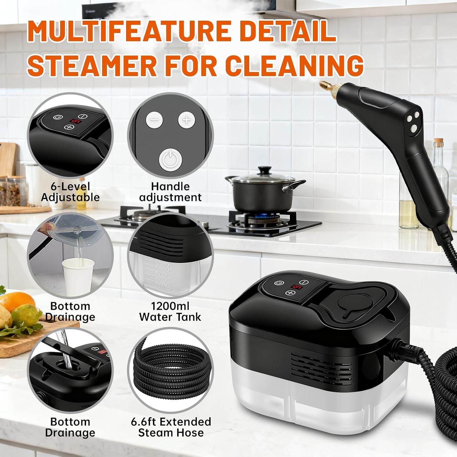 Steam Cleaner, High Temp Portable Handheld Steamer for Cleaning | 15s Heat-Up, 1.2L Large Tank, 6-Level Adjustable, 1500W Pressurized Steam Cleaner for Home, Car, Kitchen, Bathroom, Furniture