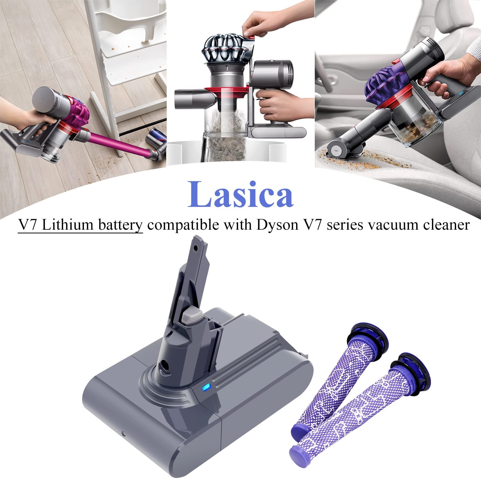 Lasica Replacement for Dyson Vacuum SV11 V7 Battery Compatible with Dyson V7 Series Motorhead Pro Allergy HEPA Trigger Animal Absolute Fluffy V7 Cordless Handheld/Stick Vacuum Battery with 2 Filters