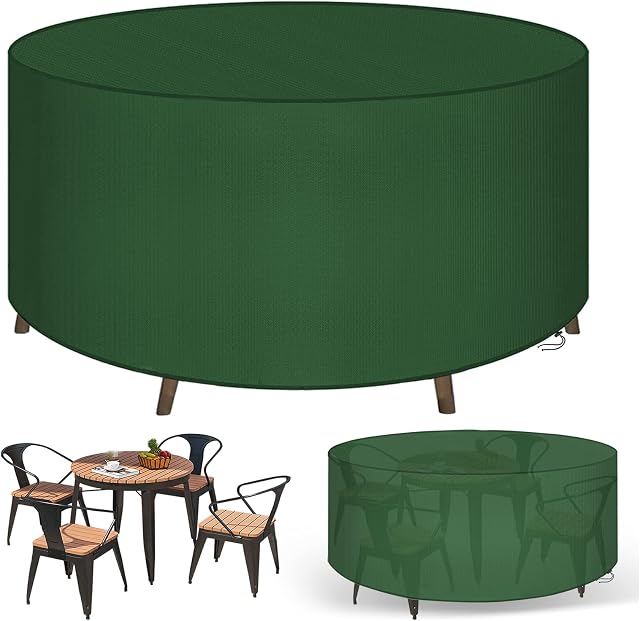 PATIO PLUS Garden Table Covers Round Outdoor, 600D Oxford Fabric Circular Patio Set Table Cover, Garden Furniture Set Cover Waterproof, Windproof, Anti-UV, 200x105cm, Green