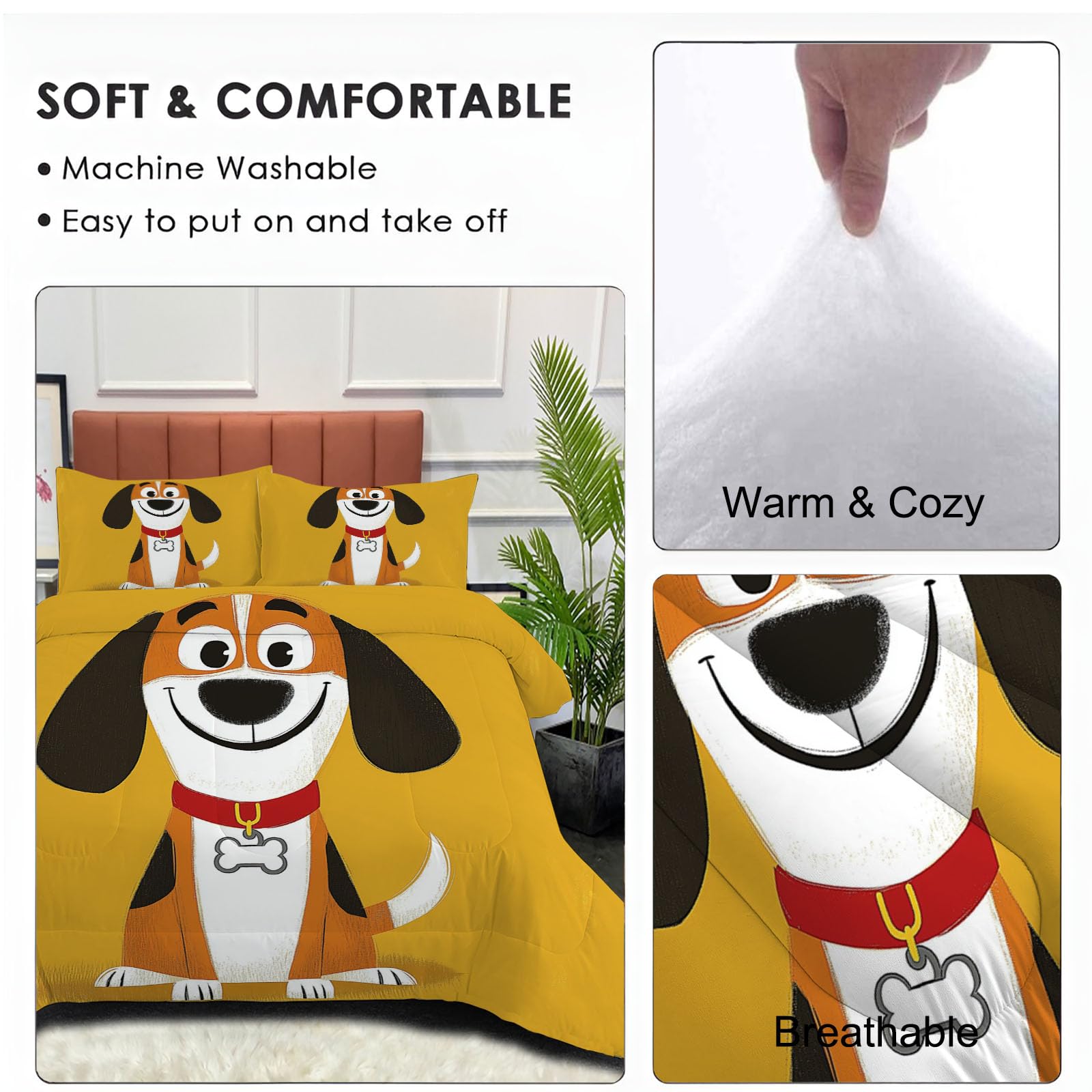 Trapunta Invernale in Ecopiuma, 240x220cm Set Piumone Illustrazioni Per Bambini Imbottita 200 gr/mq Caldo e Morbido Piumino Trapuntato Beagle Felice Coperta Letto Reversibile per 4 Stagioni, Curcuma