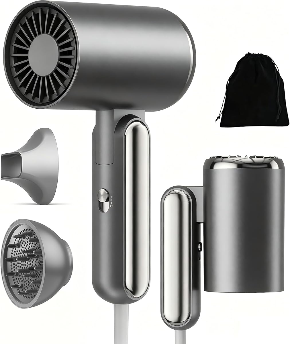 Atospkins Leicht Klappbar Ionen Föhn mit Diffusor, 1800W Reise Hair Dryer | 3 Tempe/2-Gang| Mit Düse & Storage-Beutel | Kompakt Tragbar Reisefön, Grau | Ion Fön Haarföhn Haarfön Reiseföhn Föhne