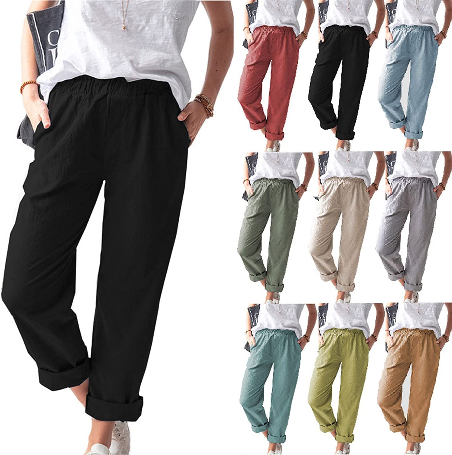 Ujicde Women Summer High Waisted Wide Leg Pants Casual Elastic Trousers Comfy Straight Leg Long Pants with Pockets