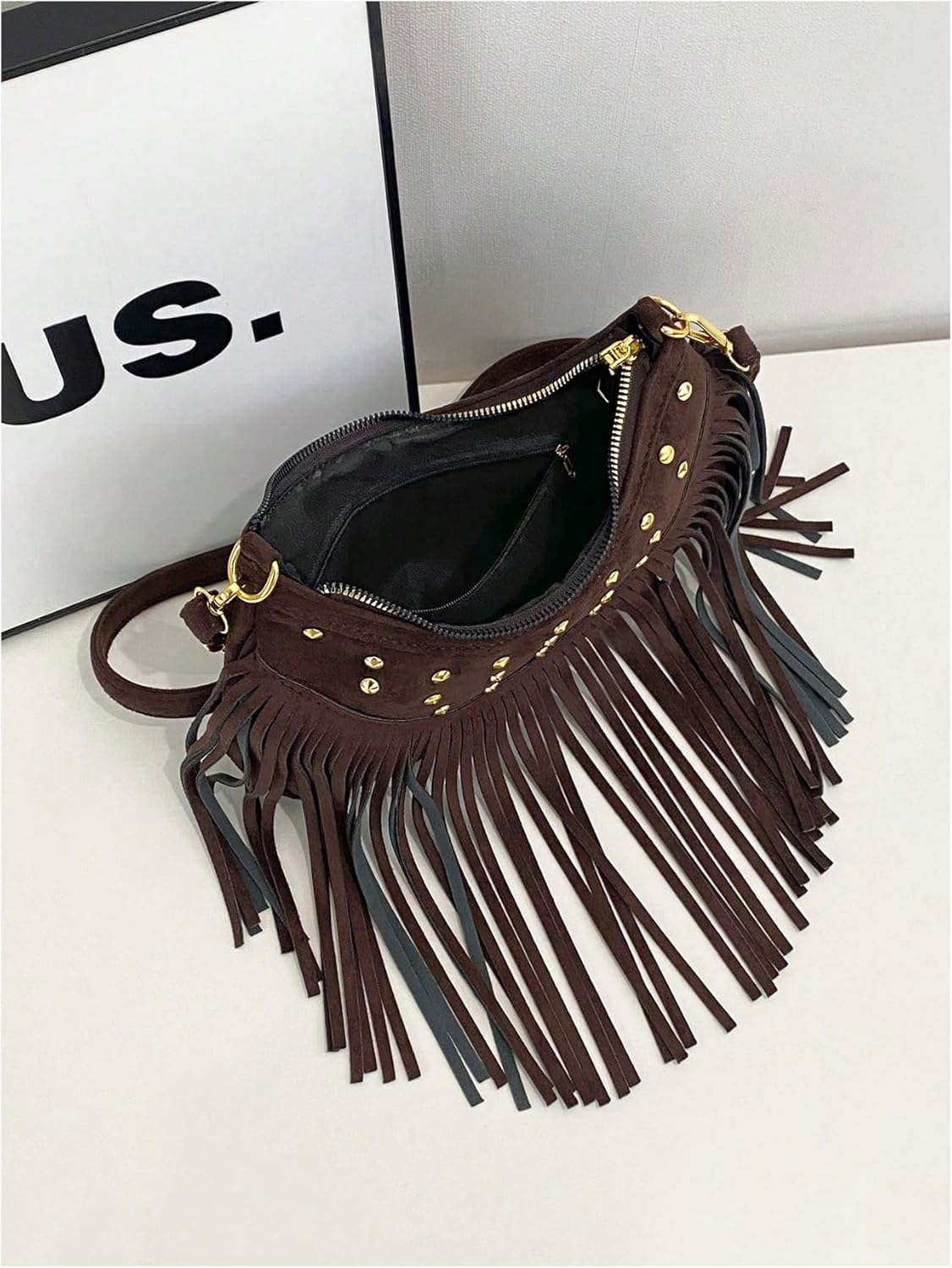 OYOANGLE Women's Rivet Fringe Trim Suede Crossbody Bags Boho Hippie Western Style Shoulder Handbag