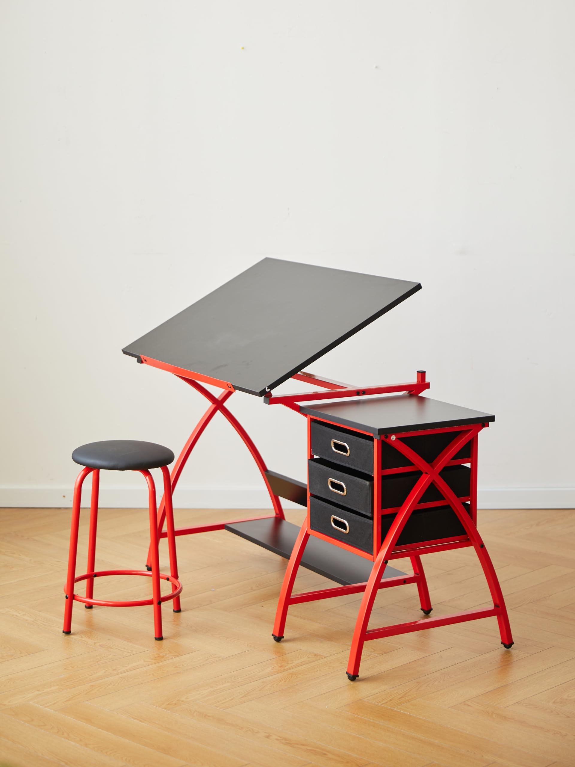 Table à Dessin Rouge avec Tabouret, Pieds croisés, Plateau réglable, 3 tiroirs de Rangement, Facile à Assembler