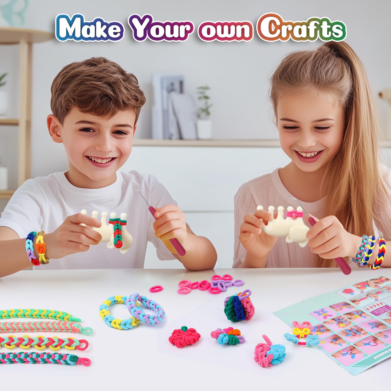 DDAI Juguetes para hacer pulseras, bandas elásticas de tela, kit de arte y manualidades para niños, kit de pulseras de telar tejidas, más de 1000 lazos de tela coloridos, regalo de cumpleaños para