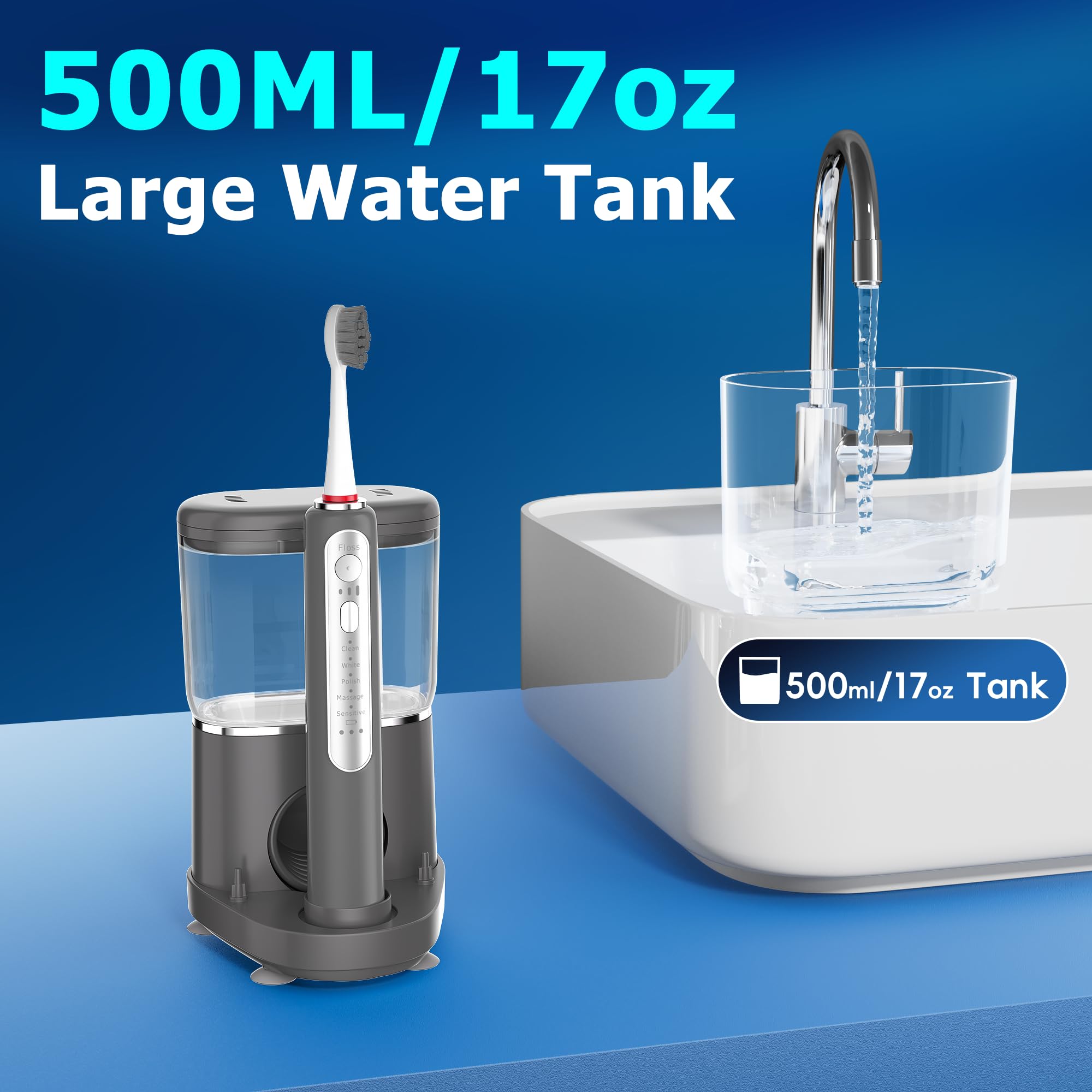 Water Flosser - Combo de cepillo de dientes eléctrico, cepillo de dientes eléctrico sónico avanzado 2.0 e irrigador oral, tanque de 500 ml, 3 cabezales de cepillo y 1 punta de chorro para el cuidado