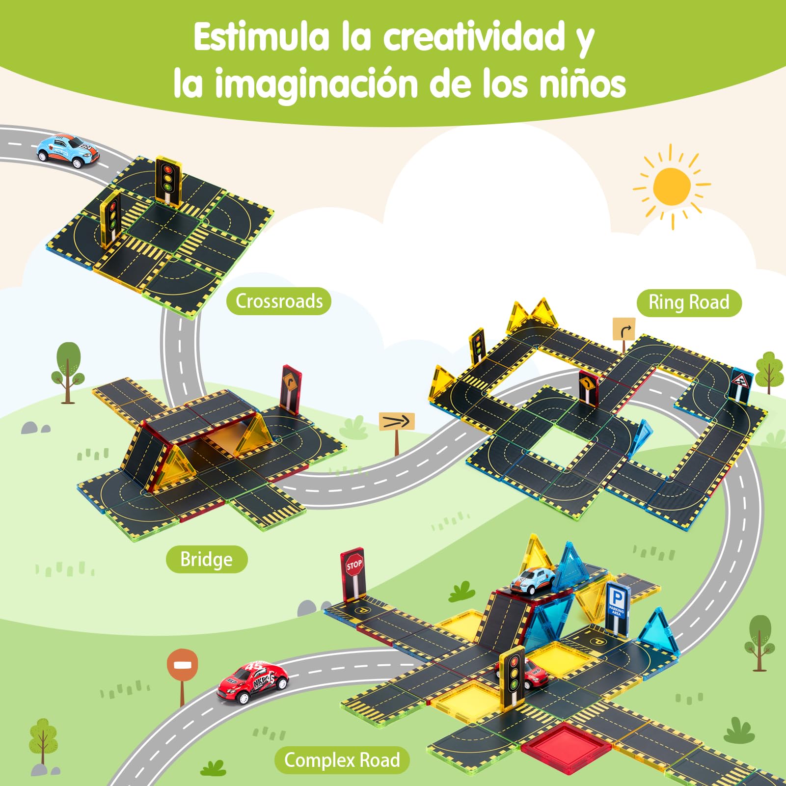 hahaland Bloques Magnéticos Construcción Niños, 38 Piezas Magnetic Tiles con Carreteras de Ciudad y 2 Coches Pull Back, Piezas Magnéticas Compatibles para Niños 3 4 5 6 Años