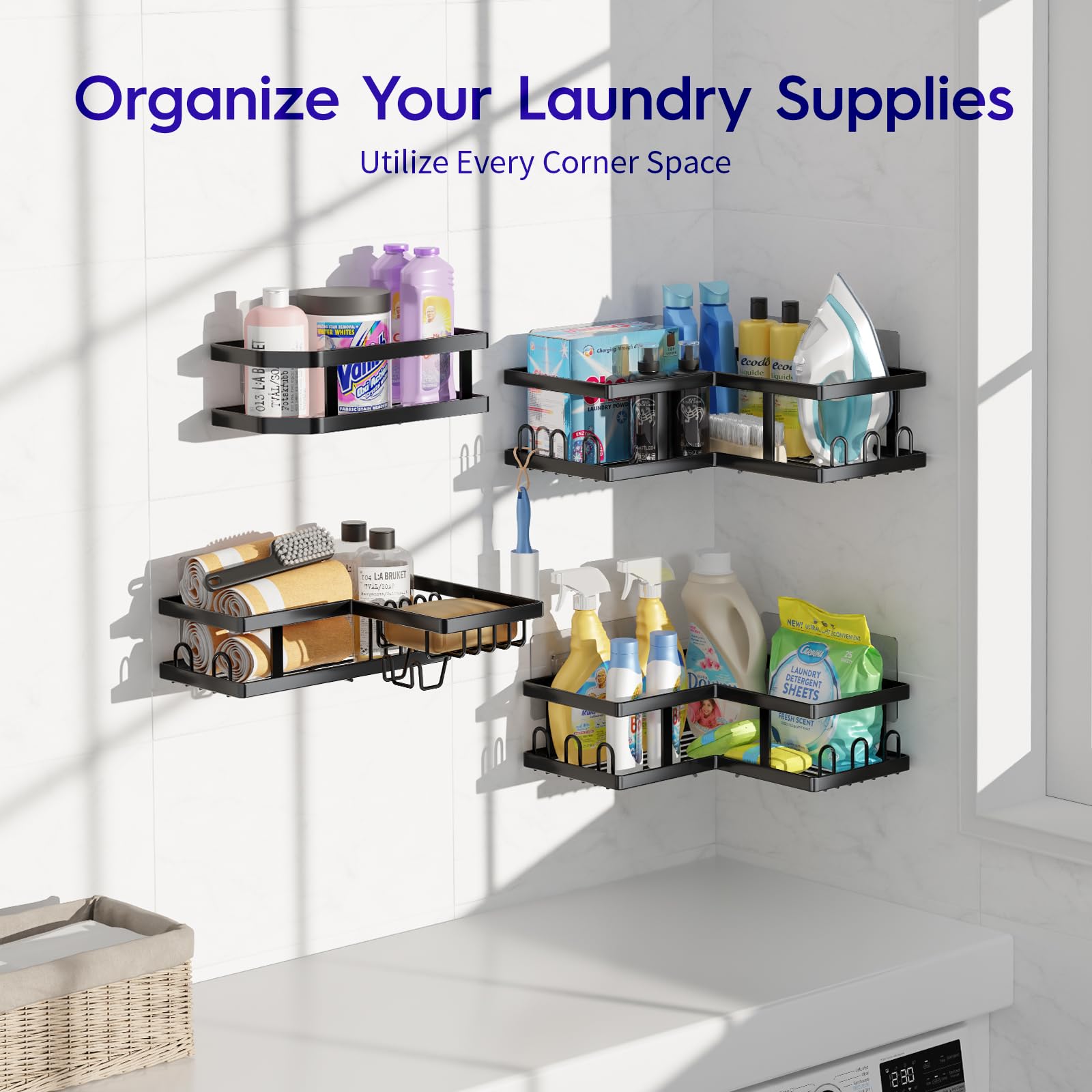Youvip Estante de ducha esquinero sin taladrar, adhesivo, estantes de ducha inoxidables | Organizador para dormitorio. Negro, paquete de 4, con soporte para jabón