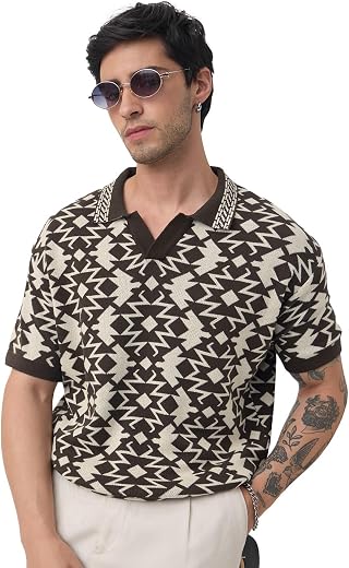 The Souled Store Jacquard Polos: Men and Boys Short Sleeve Spread Collar Geometric Print Jacquard Cotton Oversized Fit Bre...