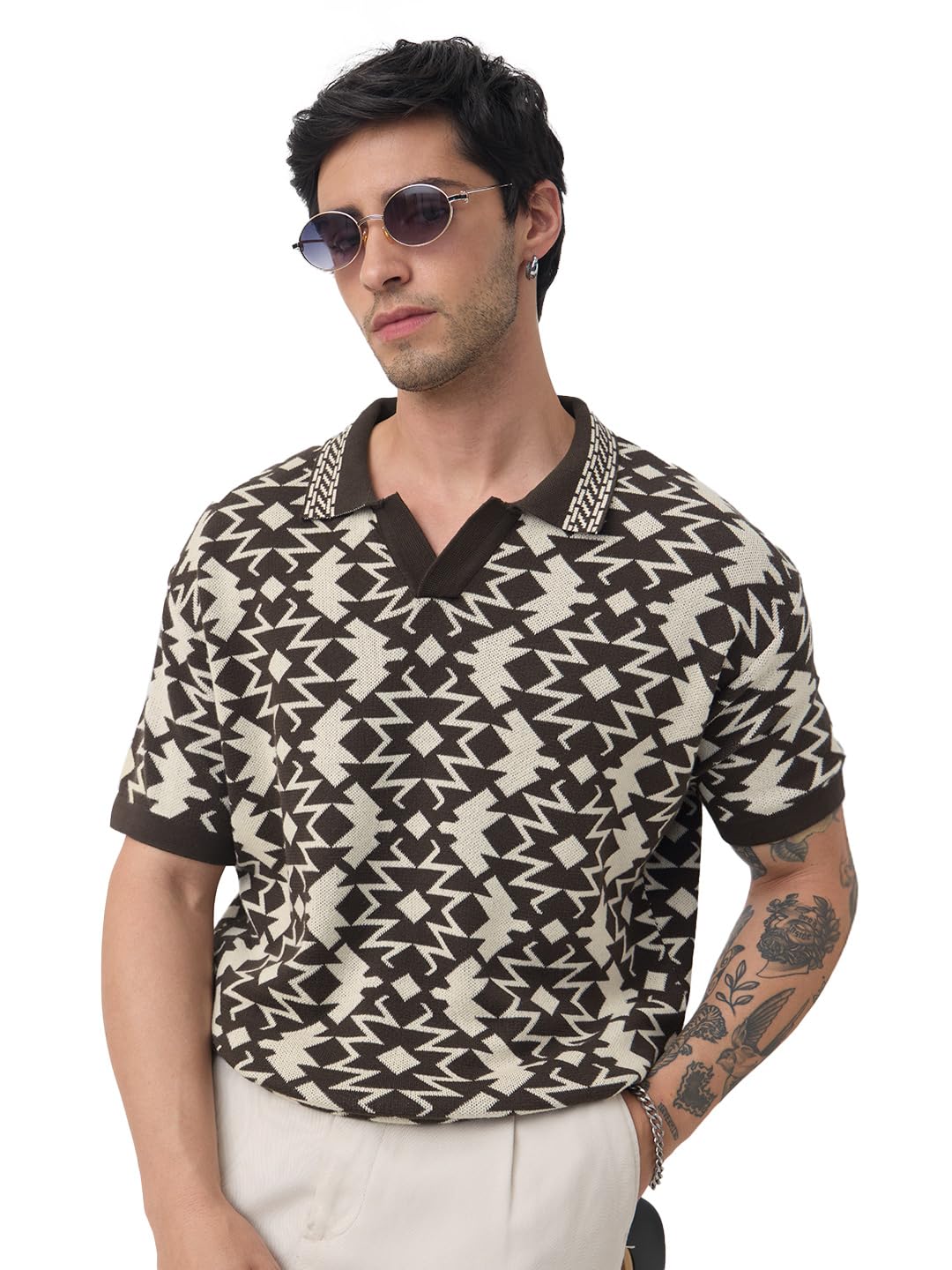 The Souled Store Jacquard Polos: Men and Boys Short Sleeve Spread Collar Geometric Print Jacquard Cotton Oversized Fit Bre... - Review, Price and Buying Guide