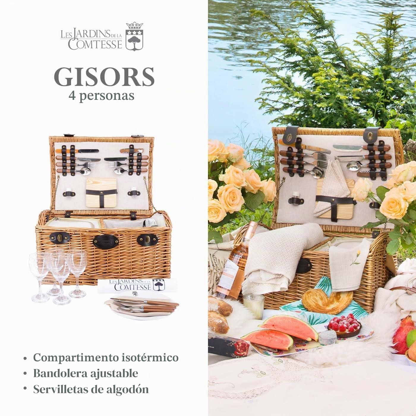 Les Jardins de la Comtesse - Cesta Picnic Gisors de Mimbre - 4 Personas - Compartimiento Isotermo y Platos de Cerámica - Copas de Vino de Cristal - Tela de Color Crema - 48 x 36 x 27 cm