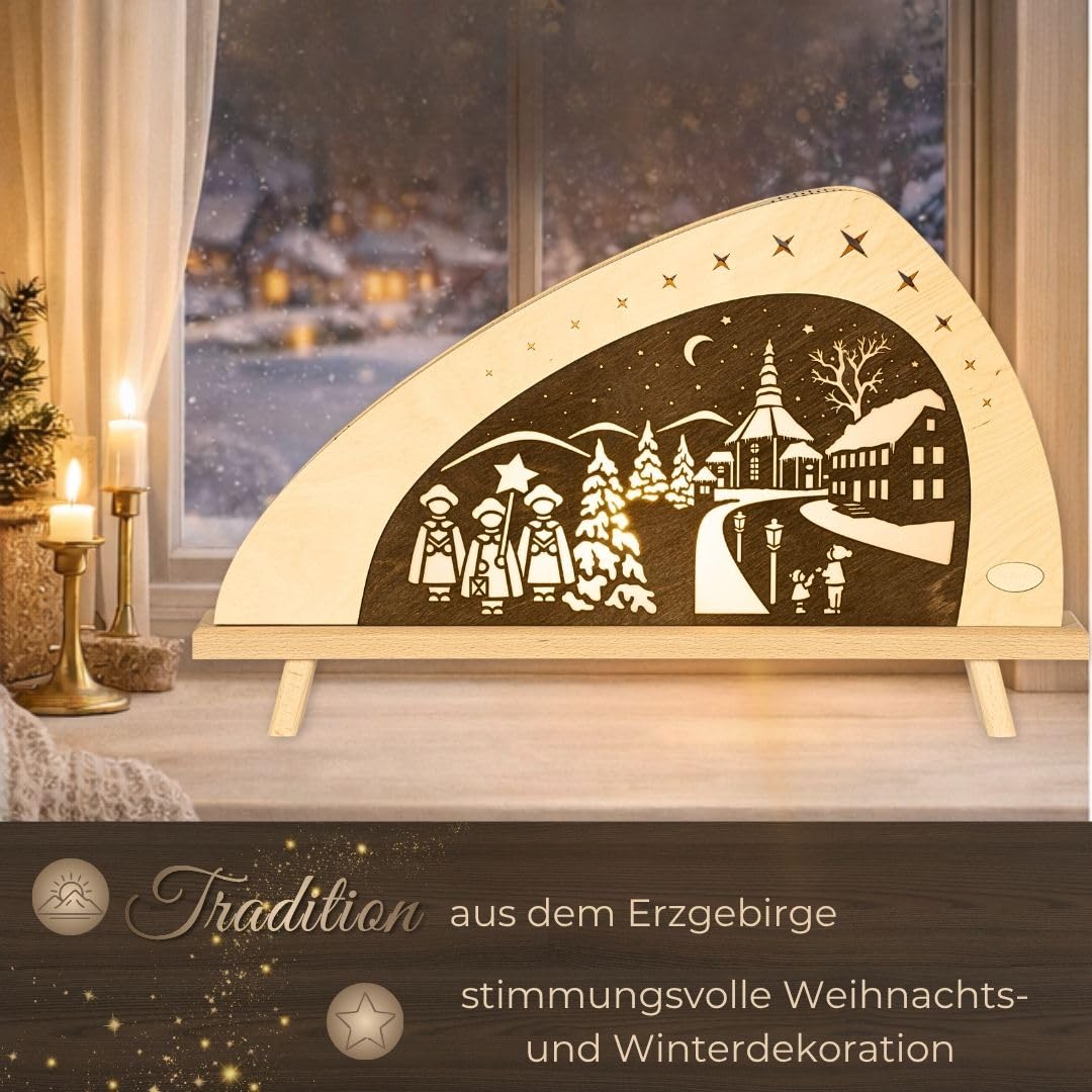 weigla - Dekoleuchte original Erzgebirge I Motiv Weihnachten in Seiffen I 1 LED Lampe I 0,8 W, E14 I Weihnachtsdeko innen I Weihnachtsbeleuchtung aus Holz I Fensterdeko