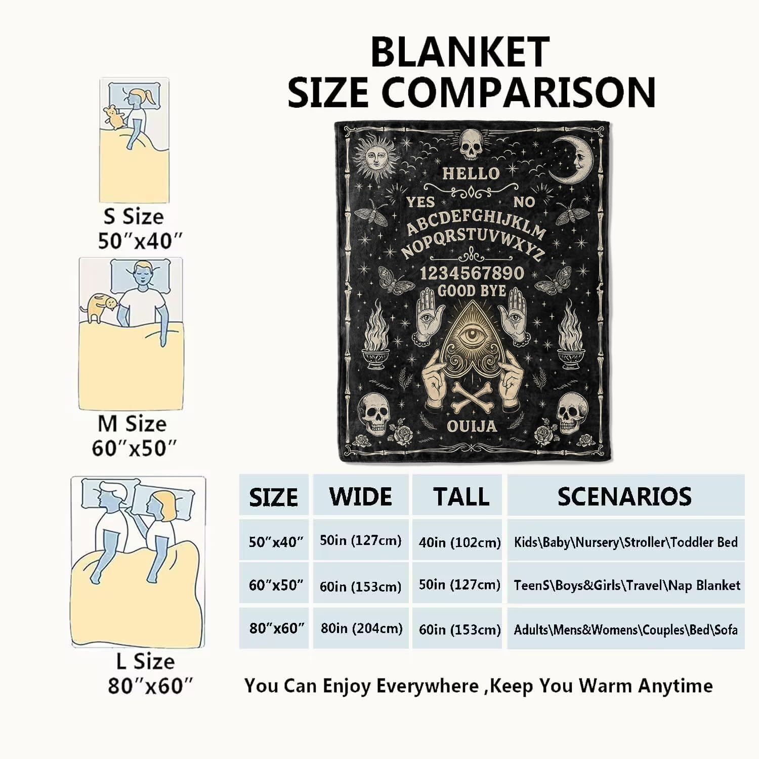 Ouija Board Blanket Halloween Holiday Decor Gothic Spirit Witch Throw Gifts for Kids Adults Lightweight Soft Fleece Sun Moon Skeleton Skull Witchy Blankets for Horror Spooky Decoration 50x60in - Image 3