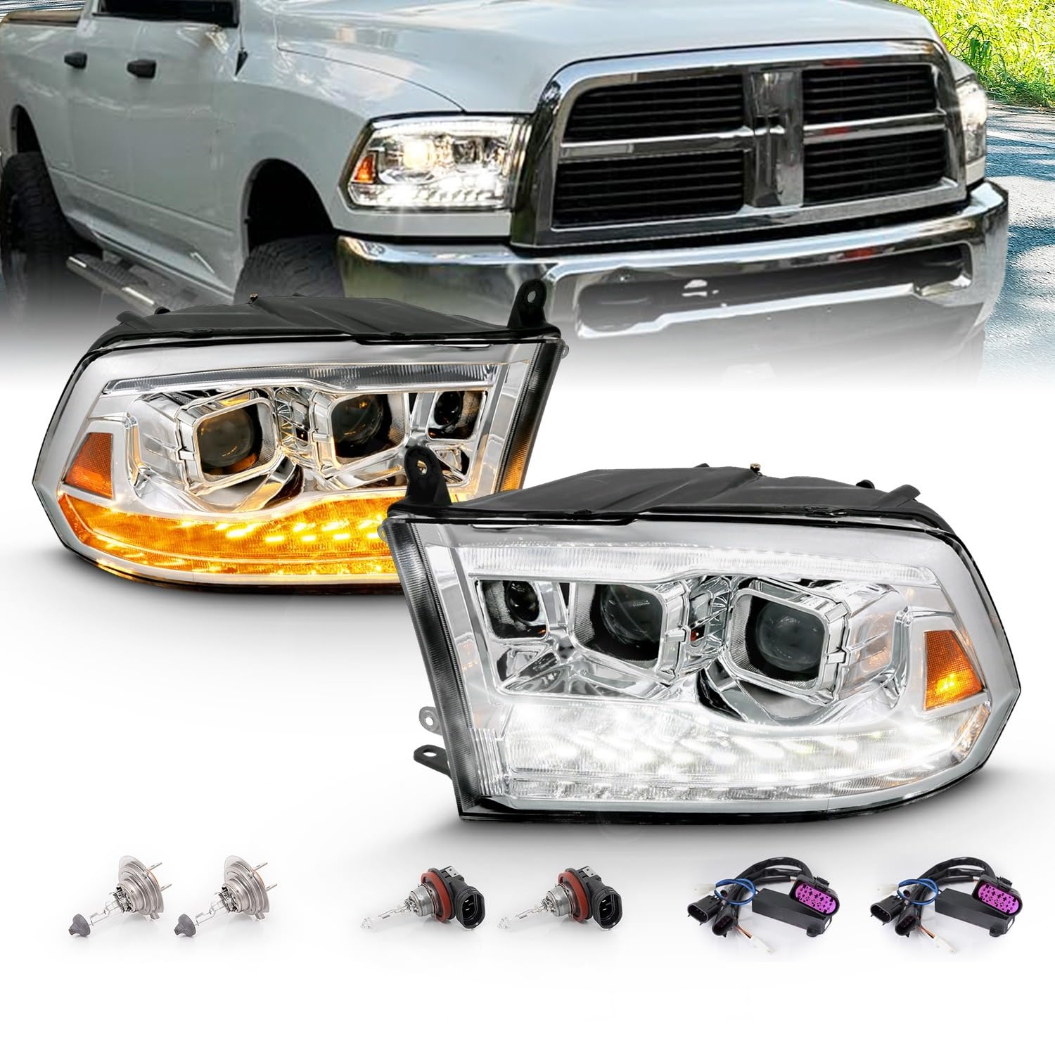 for 2009-2018 Dodge Ram Pickup [Quad/Projector Model] Dual Square Projector Switchback LED Tube Chrome Headlights Assembly Set - Passenger and Driver Side