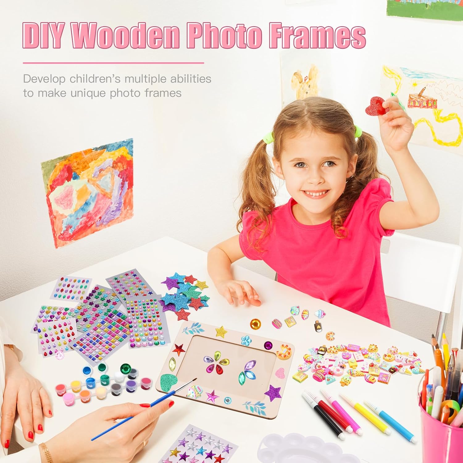 ZOCONE 24 Pcs Wooden Picture Frames for Craft, 7.5"x5.5" Picture Frame Painting Craft Kit, DIY Wood Frame with Stickers, Resin Accessories, Painting Tools, Mothers Day Crafts for Kids to Make
