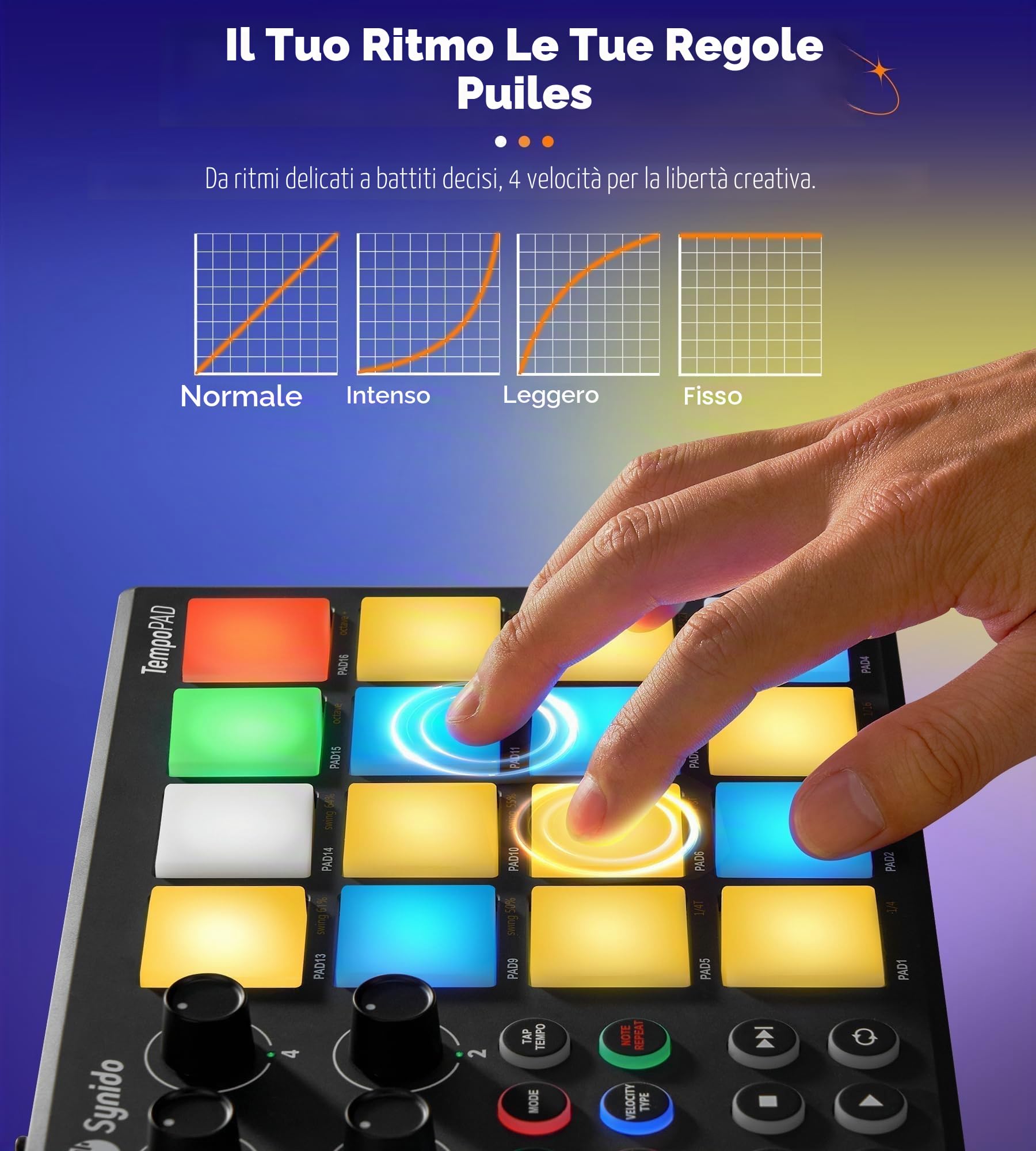 Synido TempoPAD - Dispositivo portatile per la produzione musicale, controller MIDI USB portatile per principianti con borsa da trasporto resistente, 16 beat pad retroilluminati, 4 assegnabili