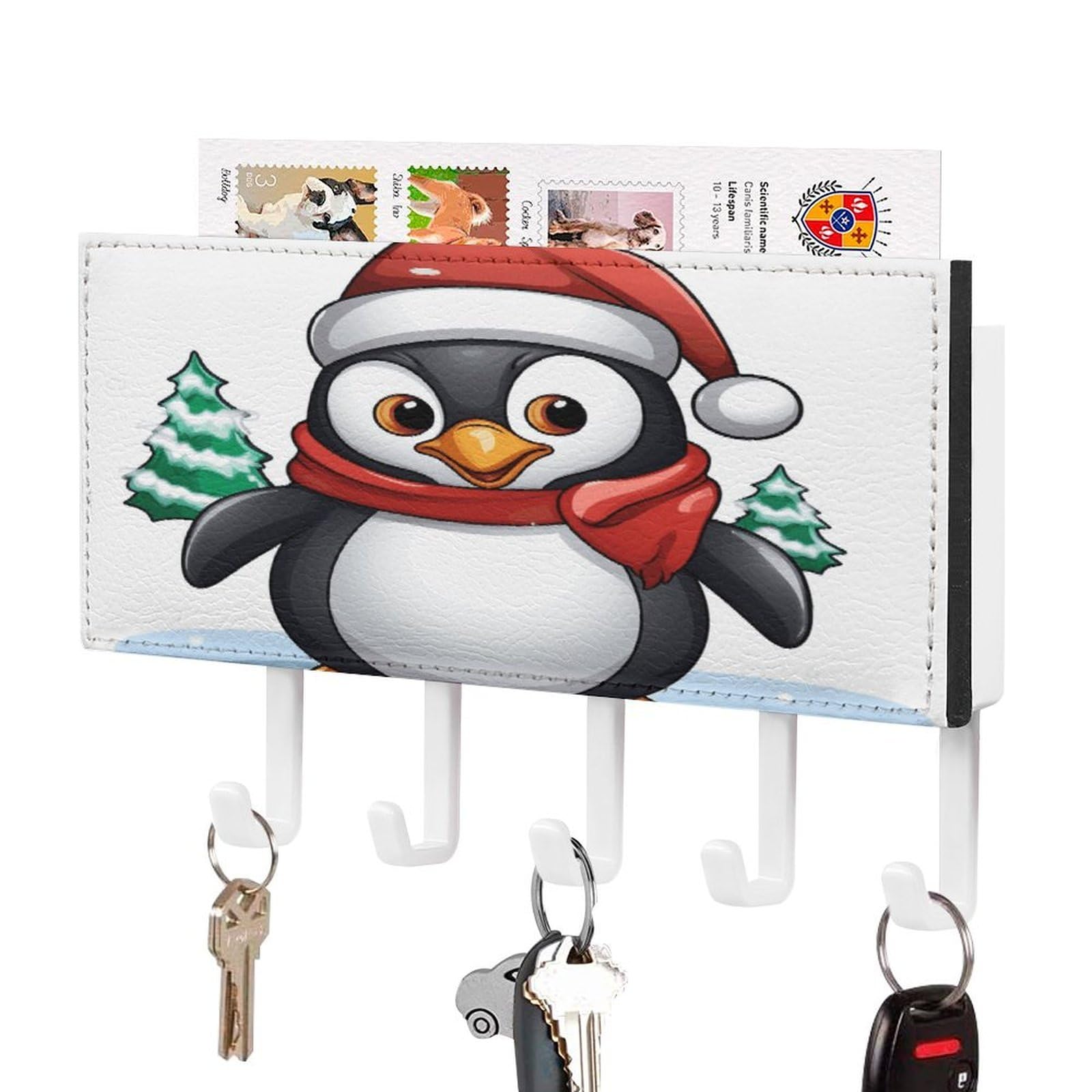Fekiloot White-Style Christmas Penguin Key Holder For Wall Decorative Mail Organizer With 5 Key Hook Self Adhesive Key Rack With Tray Coat Rack Wall Mount Key Hanger Decor For Entryway Door