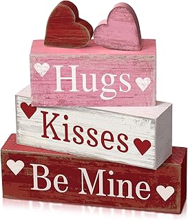 Moucuny 4 Pcs Valentine's Day Table Decorations Wooden Heart Valentine Tiered Tray Decor Valentine Day Centerpiece Rustic Decorative Heart Block Signs Gift Farmhouse Valentines Decor for Home Kitchen