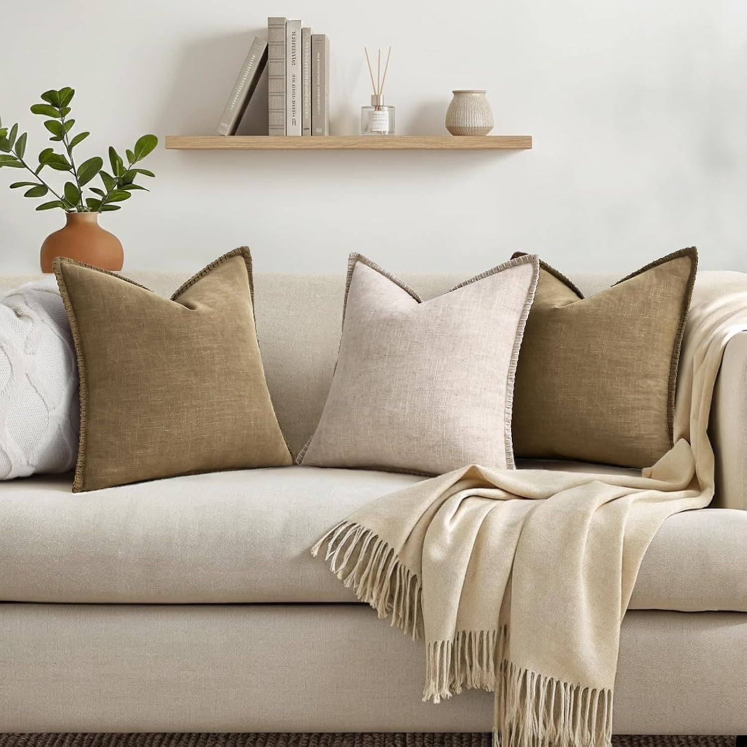 decorUhome Decorative Linen Farmhouse Throw Pillow Covers 18x18 Set of 2, Neutral Modern Pillow Covers with Stitched Edge for Couch Sofa Chair Bedroom Living Room, Ecru