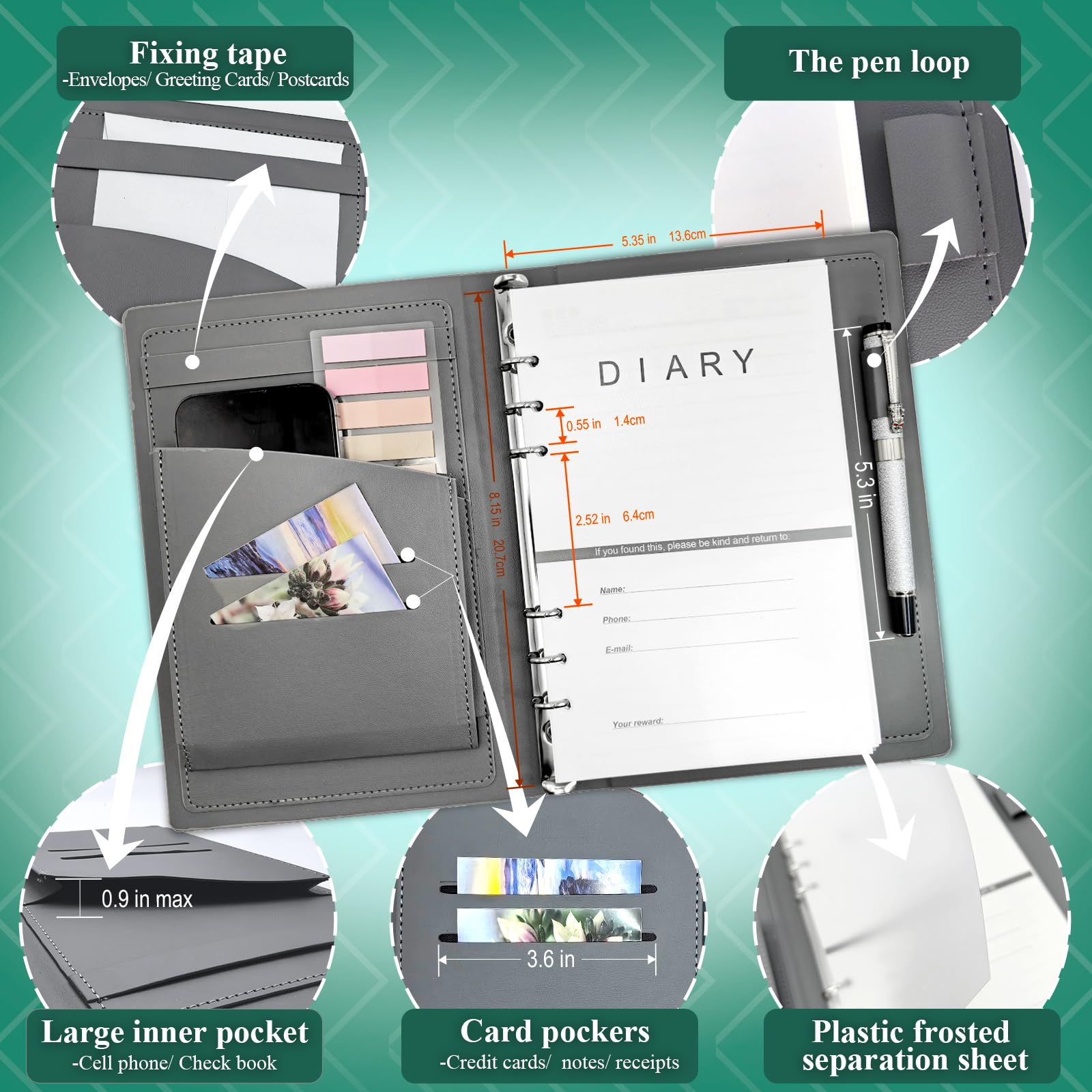 GLAM GROVE A5 nachfüllbares Ringbuch-Notizbuch – elegantes Hardcover, 160 Seiten aus 100 g dickem Papier, 6-Ring-Design mit Stiftschlaufe und Taschen – ideal zum Schreiben, Reisen, Arbeiten und für