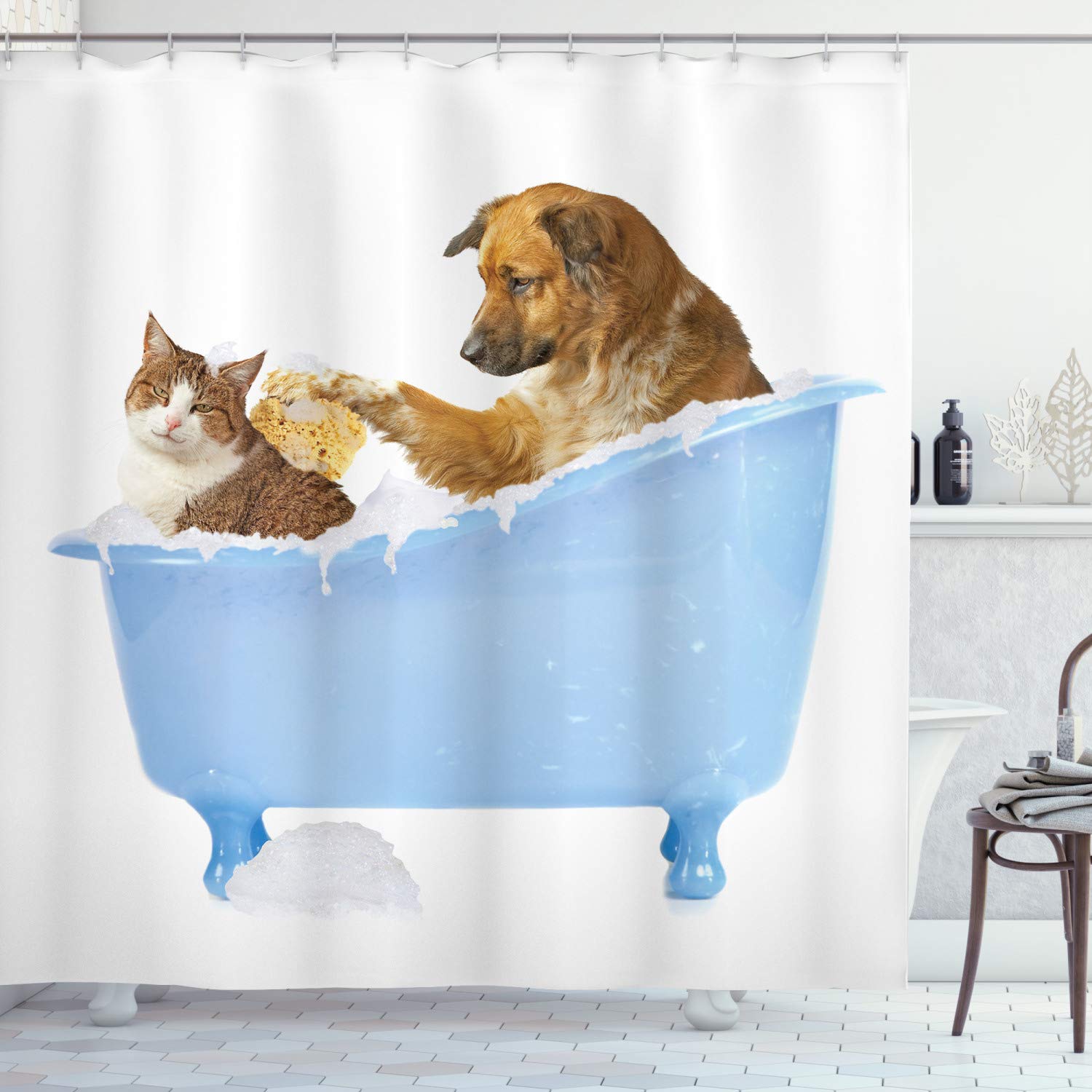 ABAKUHAUS Rustico Tenda da Doccia, Inverno Scena Stagione, Tessuto Set di Decorazioni per Il Bagno con Ganci, per la Vasca da Bagno, 175 cm x 200 cm, Umber Bianco Blu