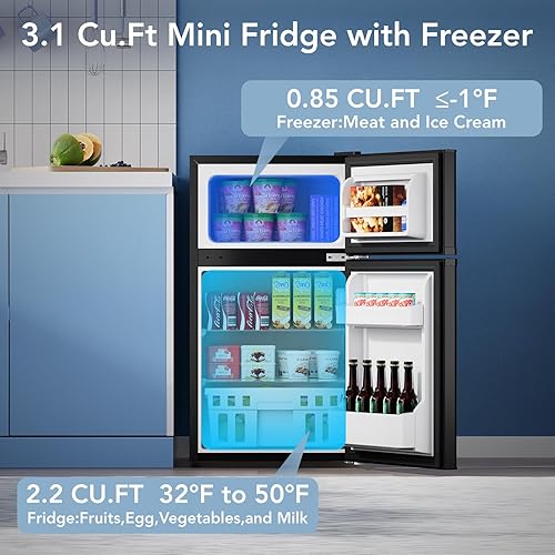 Miniatura 2 de Mini refrigerador de 3.1 pies cúbicos con congelador, refrigerador compacto de 2 puertas, mini refrigerador con estantes de vidrio extraíbles