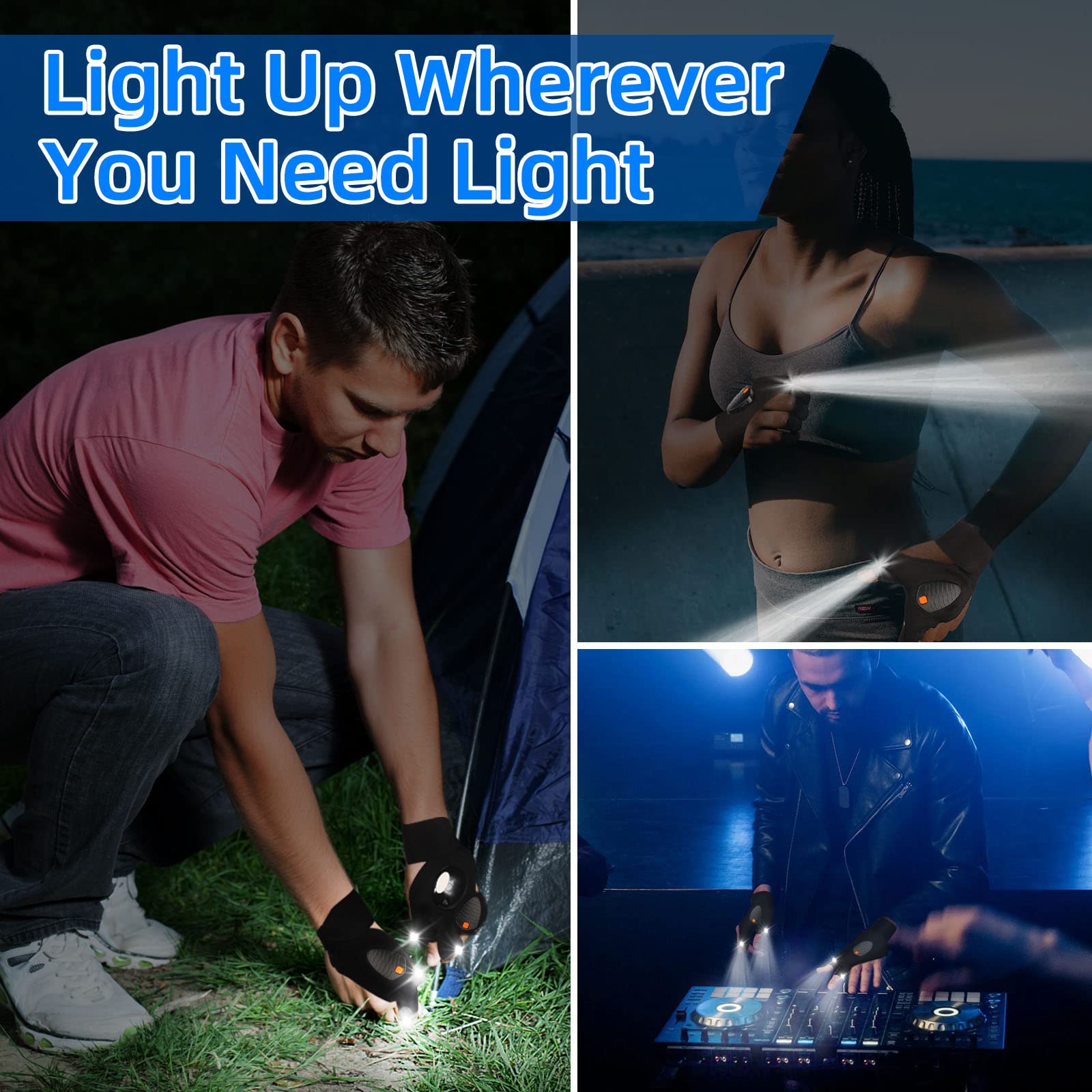 Guantes de linterna LED, regalos para hombres, mujeres, Navidad, cumpleaños, accesorios geniales para papá, marido, novio, impermeables, recargables, luces manos libres