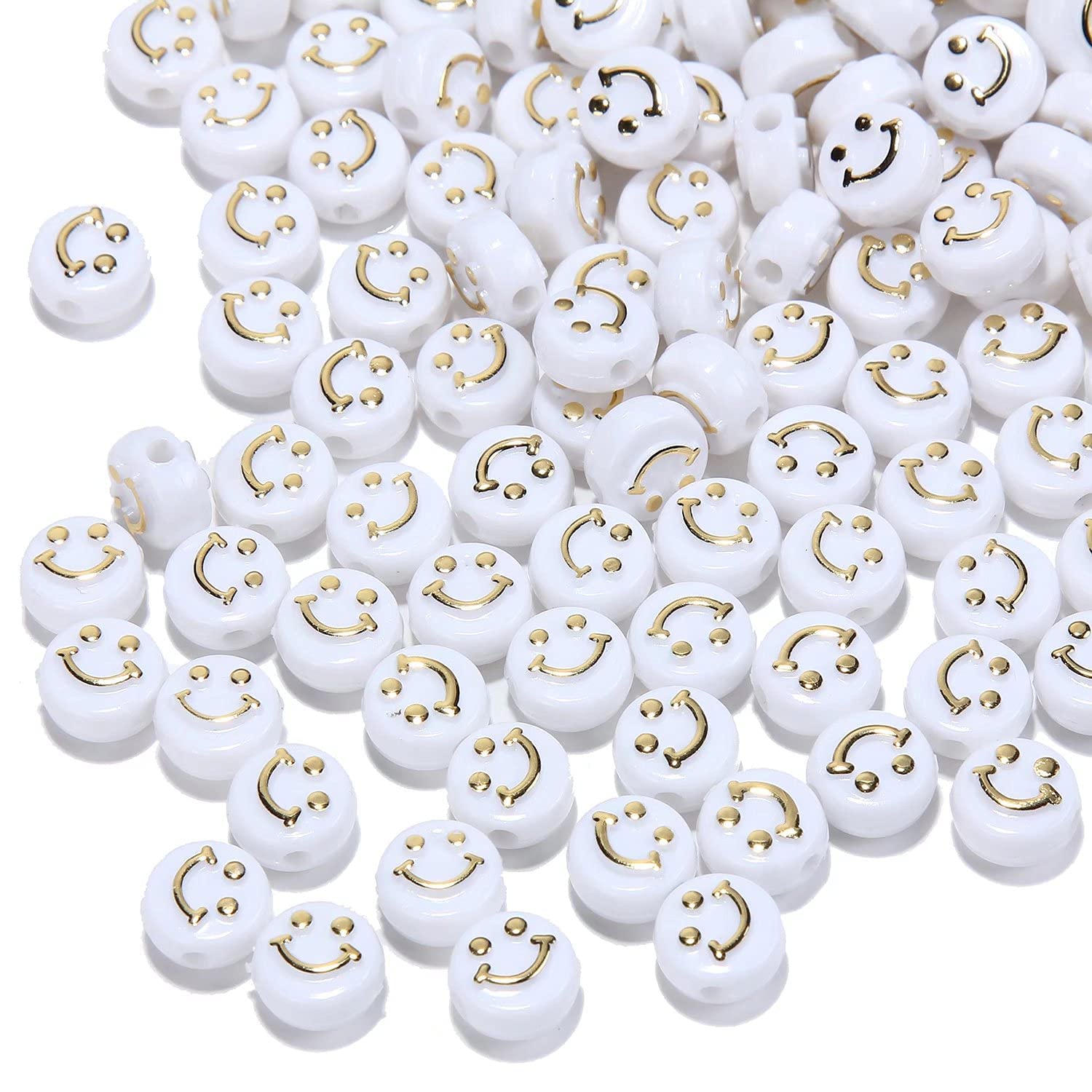 Pack of 200 pcs White Gold Color Smile Face Beads 10mm Acrylic Happy Face Spacer Beads for DIY Handmade Jewelry Bracelet Craft Making Supplies (White