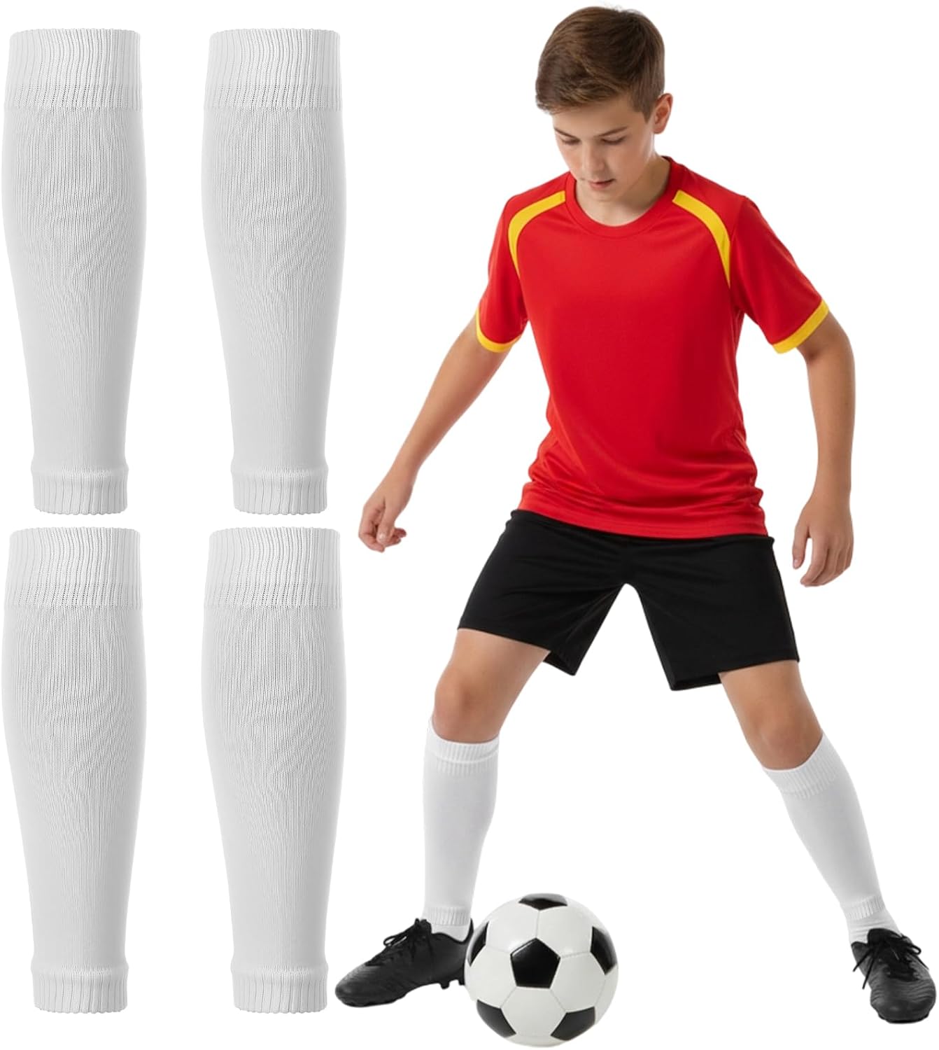 Ouligay 2 Pairs Kids Pre Cut Soccer Socks Sleeve for Boys, Soccer Leg Sleeves Socks for Football Shin Guard Sleeves for Age 7-14 Youth Boys Children Football Basketball Training