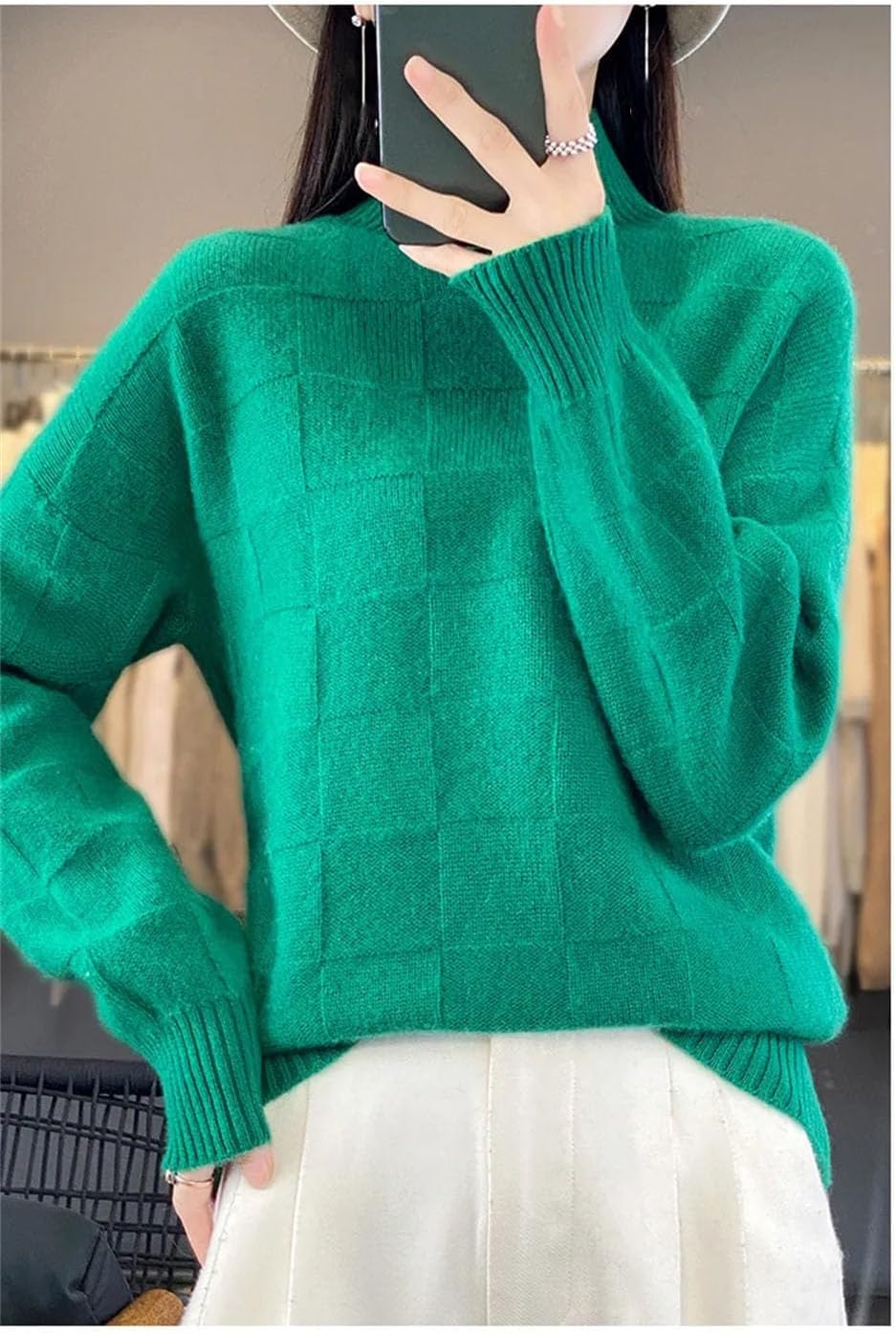 Women's Turtleneck Sweater 100% Wool Soft Pullover Fashion Solid Plaid Winter Knitted Long Sleeve Tops