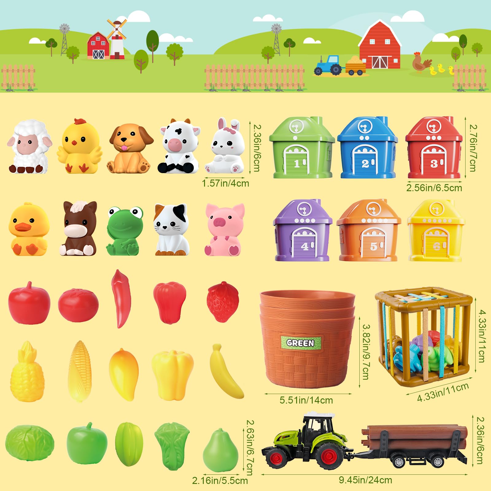 Giocattoli Montessori per l'apprendimento dei bambini, Set di Fattoria con Animali 4 in 1 per Bambini in Età Prescolare 1-3 anni, Set di Verdure, Trattore con Rimorchio, Regalo per Ragazzi e Ragazze