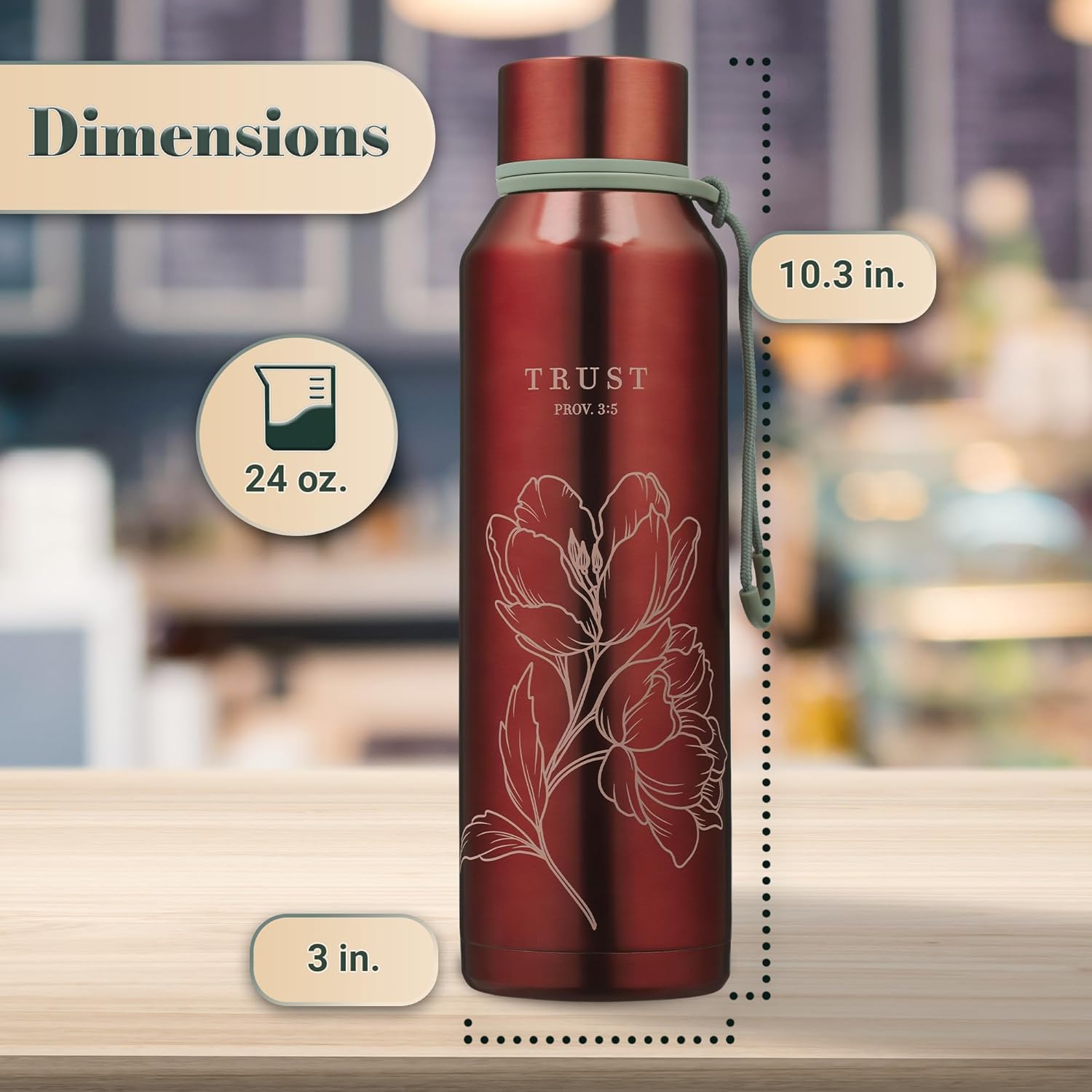 Christian Art Gifts Stainless Steel Double Wall Vacuum Sealed Insulated Scripture Water Bottle for Women: Trust in the Lord Inspirational Proverb, Pink, 24 oz. - Image 2