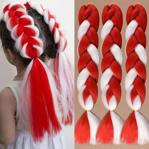 Jumbo Braiding Hair for Kids Girls Extension Candy Cane Braids Hair Extensions,Braiding Hair Red/White 24inch,3 Bundles/Lot