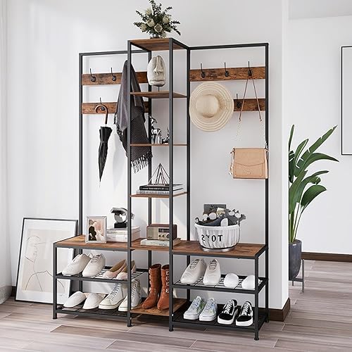Miniatura 7 de GiftGo Árbol de esquina con zapatero de almacenamiento, estantes abiertos, moderno, industrial, para entrada, perchero para el hogar, sala de estar,