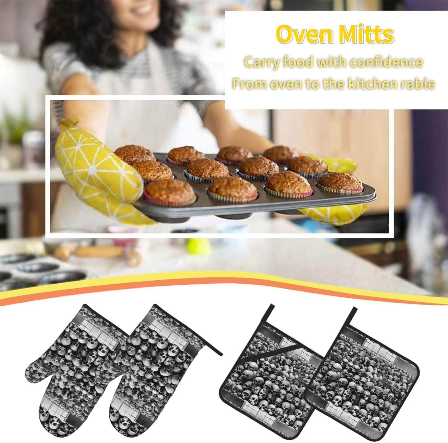(Horrible Dark Skulls Flowers Pattern) Baking 4-Piece Set: 2 Oven Mitts and 2 Pot Holders Heat Resistant Waterproof Hanging Loop for Kitchen Oven Grill Housewarming Gifts