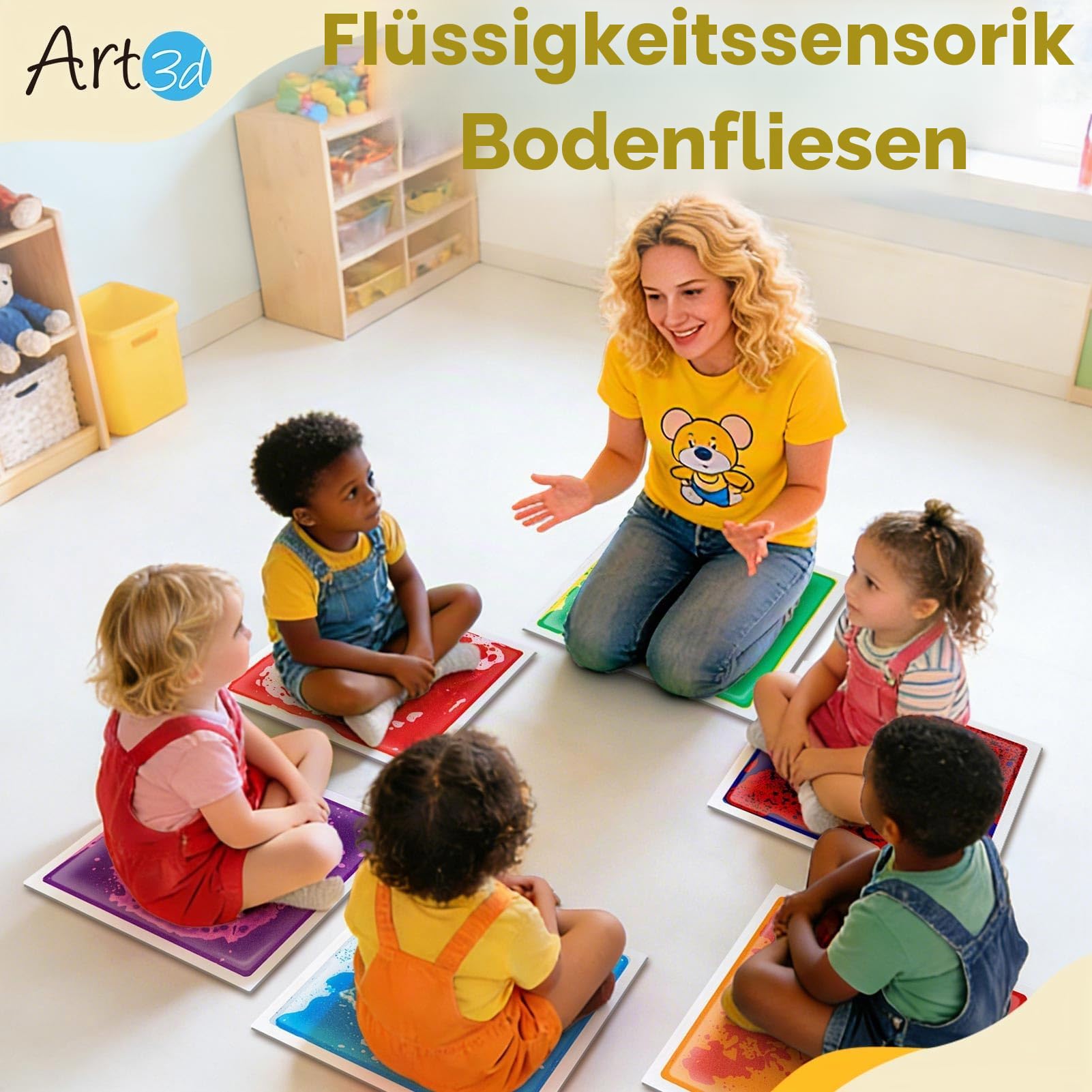 Art3d Flüssige Sensorische Bodenfliesen 30 x 30 cm Spielzimmer Tanzfläche Quadratisch Bunt 6 Fliesen