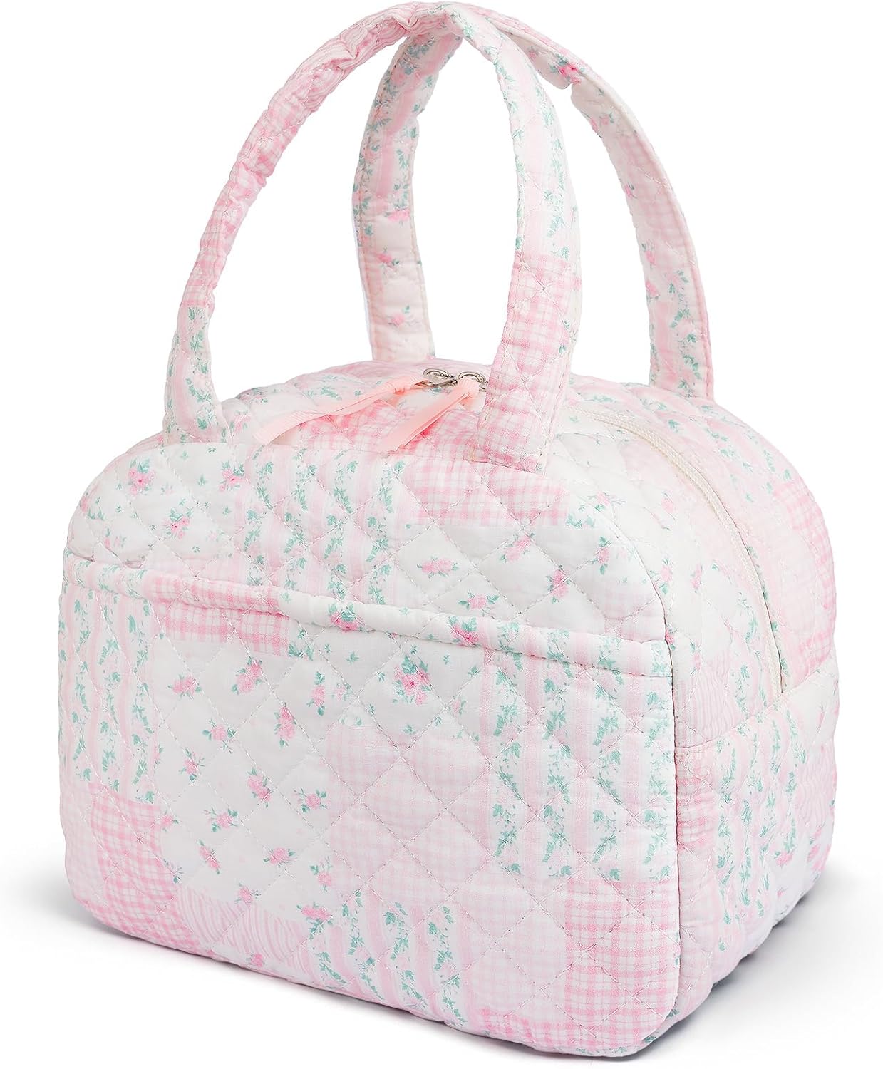WOBAGMEN Quilted Lunch Box for Women,Coquette Aesthetic Lunch Box for Teen Girls,Cute Pink Floral Patchwork Lunch Bags for Work, School,Office,Picnic,Travel (pink floral pin)