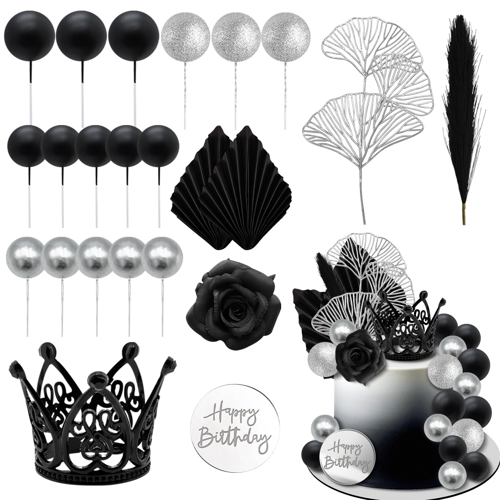 Knana 25Pcs Silver Black Balls Cake Topper Birthday Cake Topper Palm Leaves Cake Decorations for Silver Black Theme Baby Shower Birthday Party