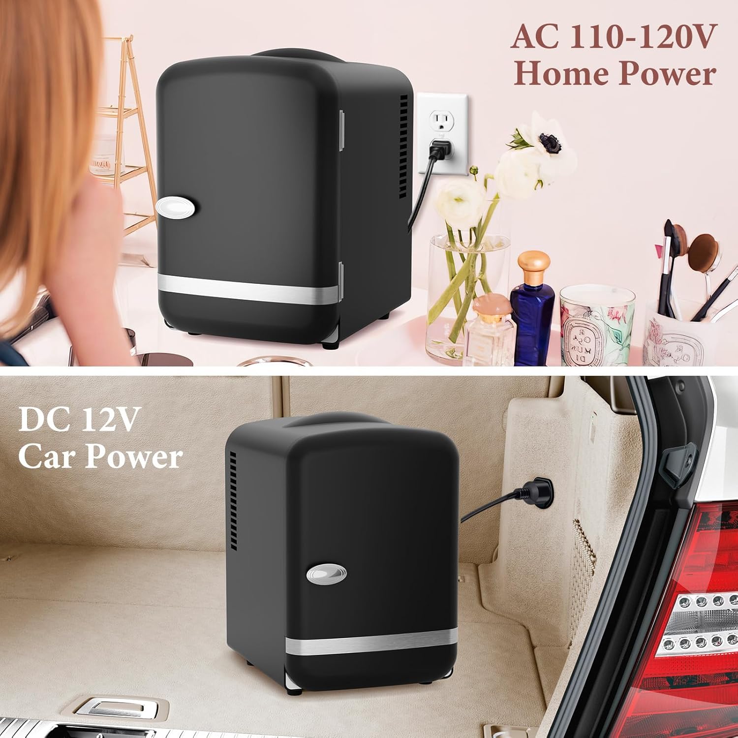 Xbeauty Retro Mini Fridge, Compact Refrigerator with 4L Capacity/6 Cans，Cooler & Warmer, Removable Shelf for Skincare, Beverages, Cosmetics, Perfect for Dorm, Bedroom, Black