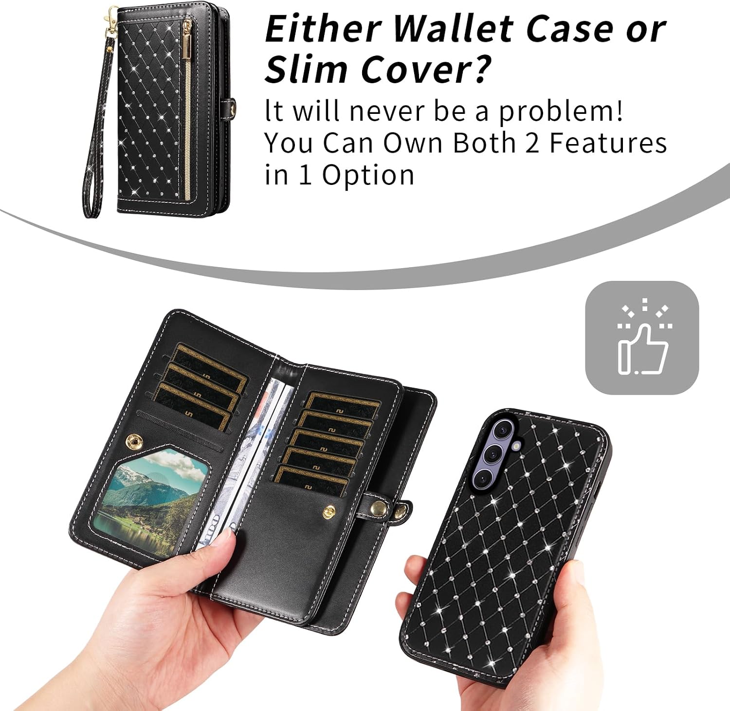 Phone Case for Samsung Galaxy S25 Plus S25+ 5G Zipper Wallet Detachable Magnetic Cover with Screen Protector Crossbody Lanyard Strap Bling Credit Card Holder Slots S25Plus 25S + Women Girls Black